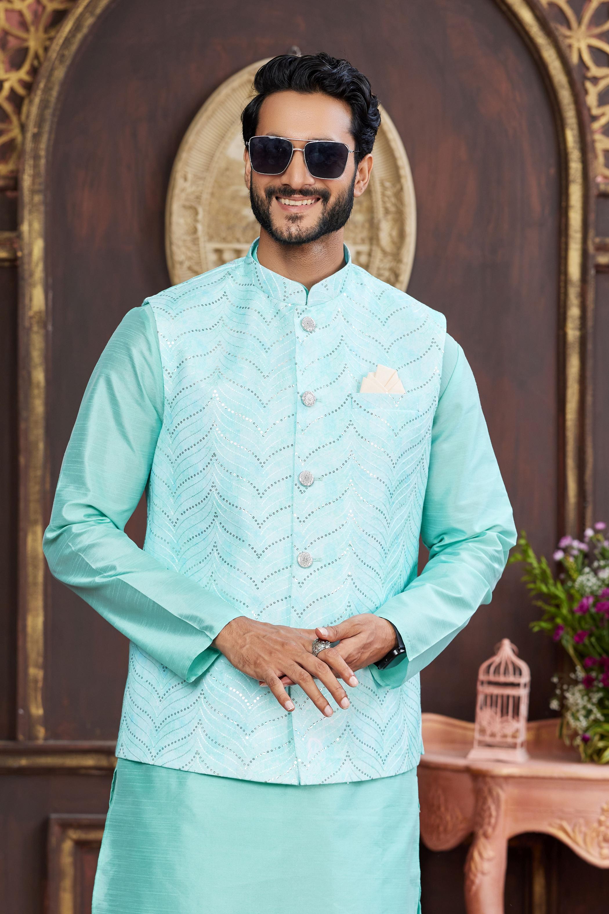 Firozi Art Silk Jacket Kurta Payjama — alternate view