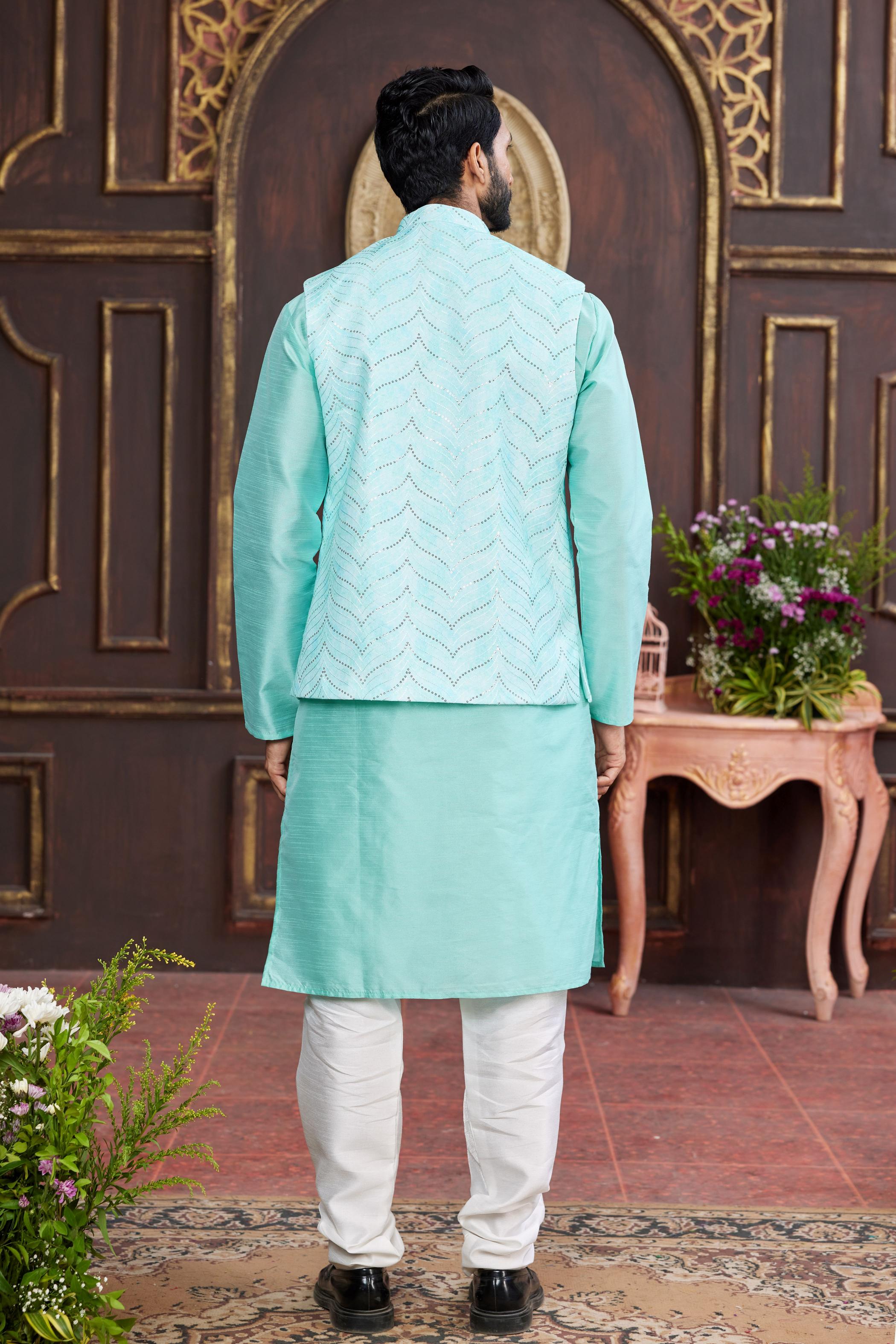 Firozi Art Silk Jacket Kurta Payjama