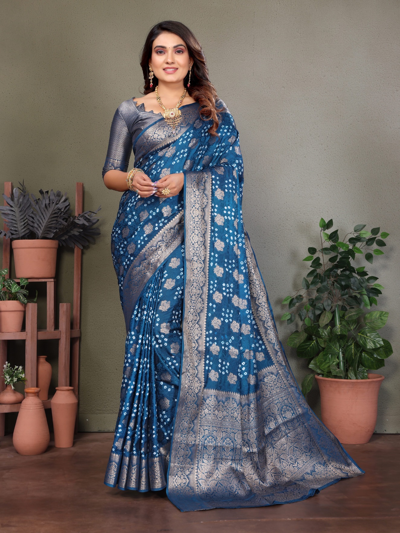 Firozi Bandhani Jacquard Work Satin Silk Saree