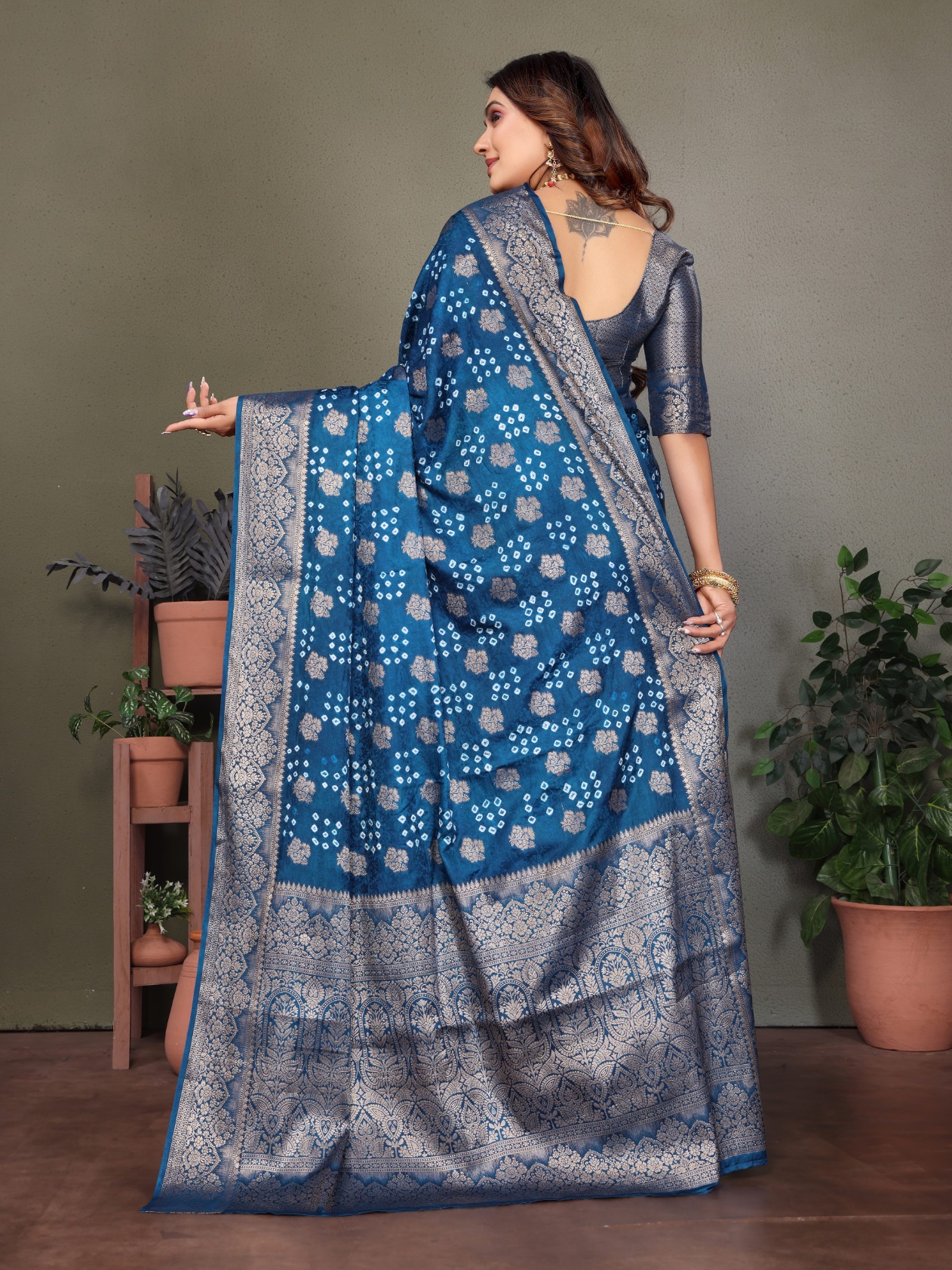 Firozi Bandhani Jacquard Work Satin Silk Saree — alternate view