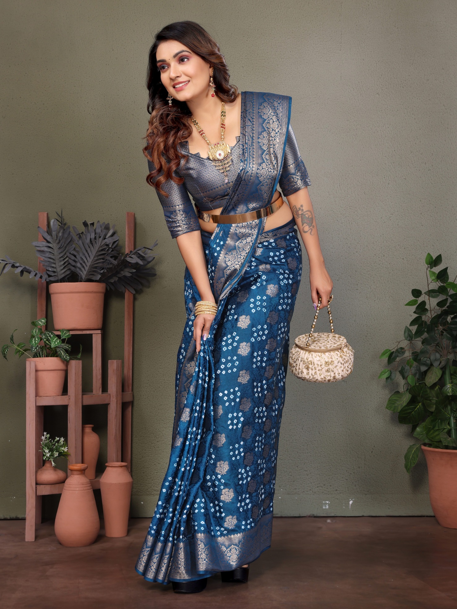 Firozi Bandhani Jacquard Work Satin Silk Saree