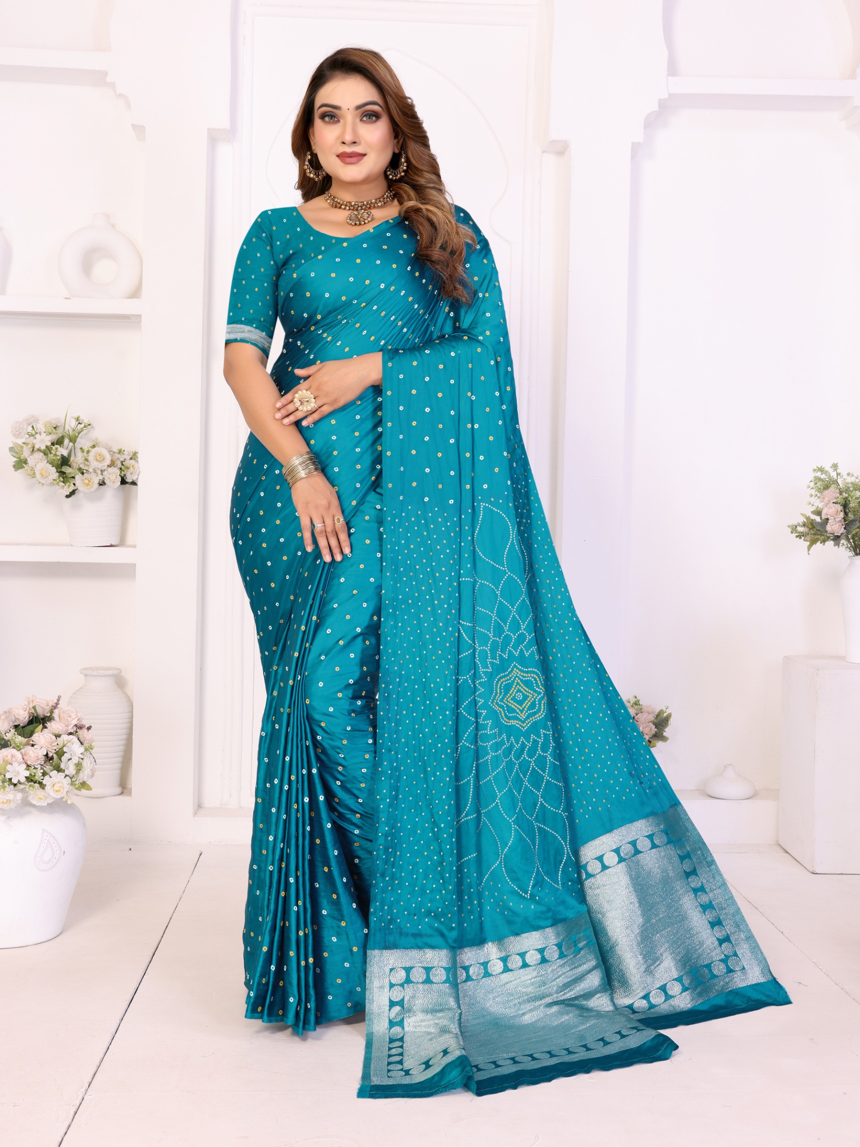 Firozi Bandhej Weaving Satin Silk Saree
