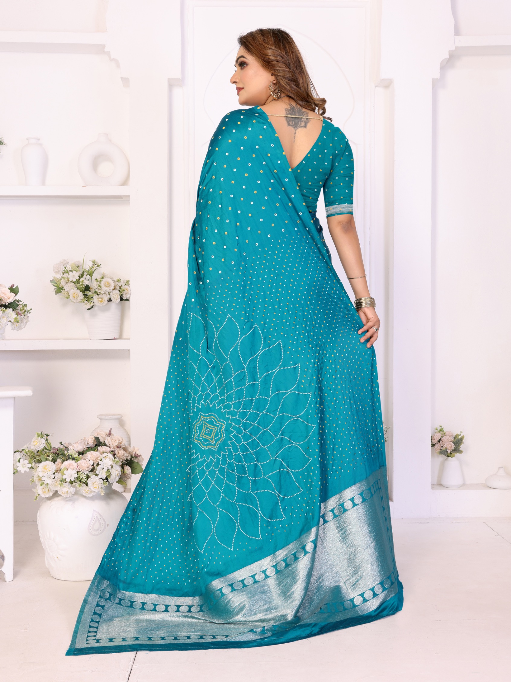 Firozi Bandhej Weaving Satin Silk Saree — alternate view
