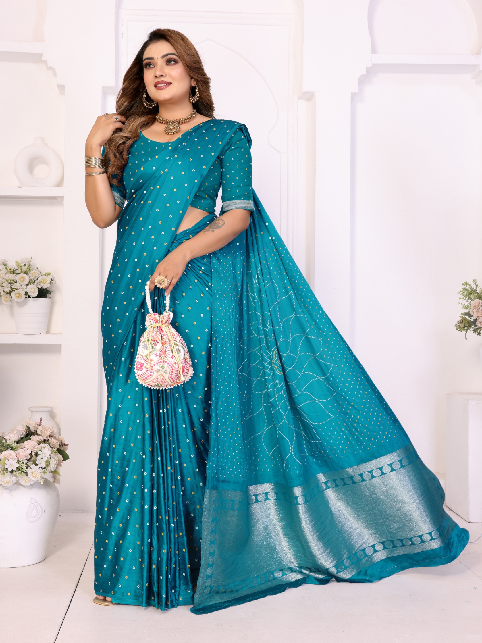 Firozi Bandhej Weaving Satin Silk Saree