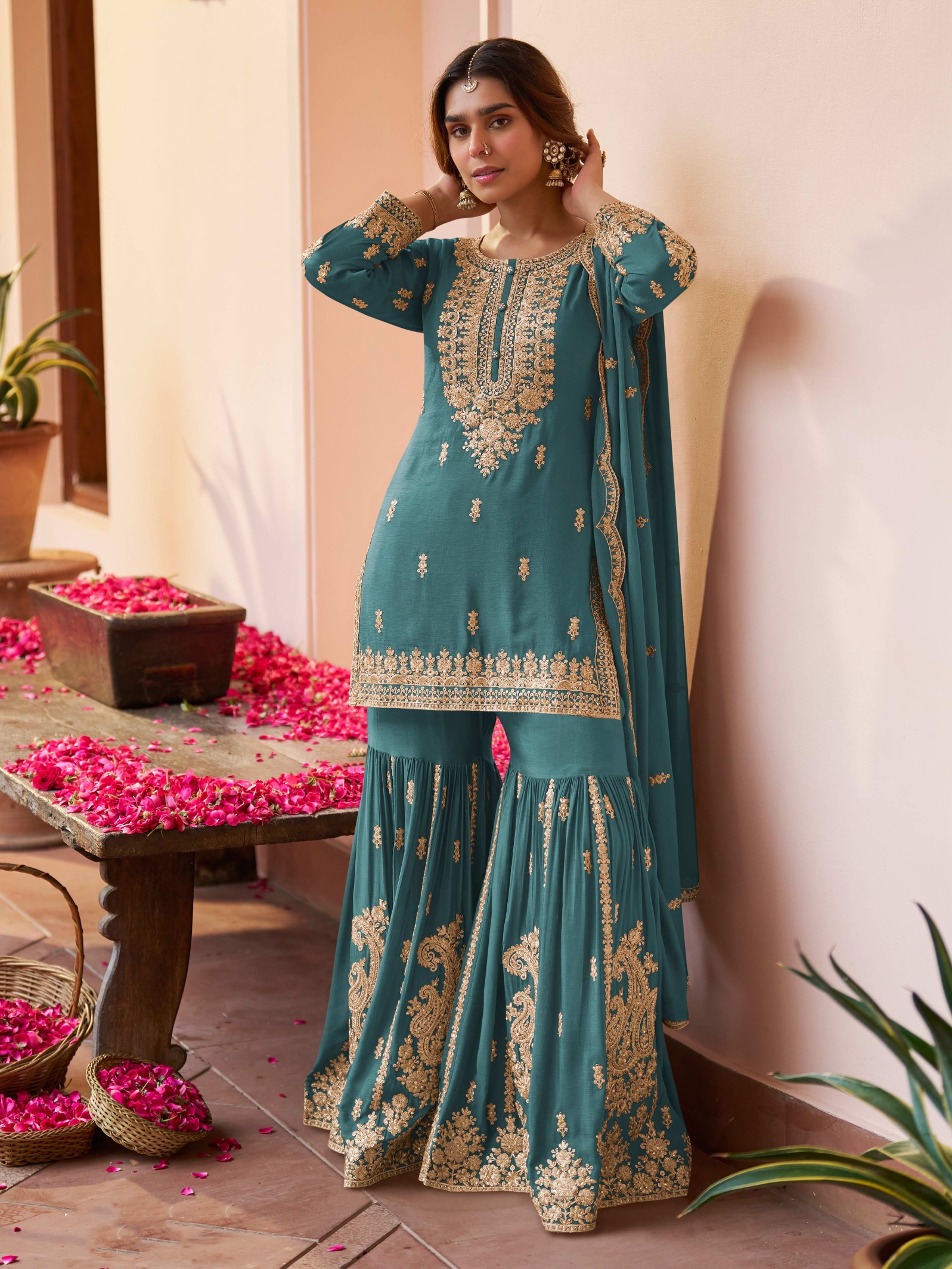 Firozi Butti Embroidery Chinon Sharara Suit