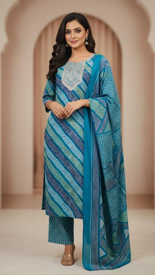 Firozi Cotton Printed Moti Hand Work Salwar Suit