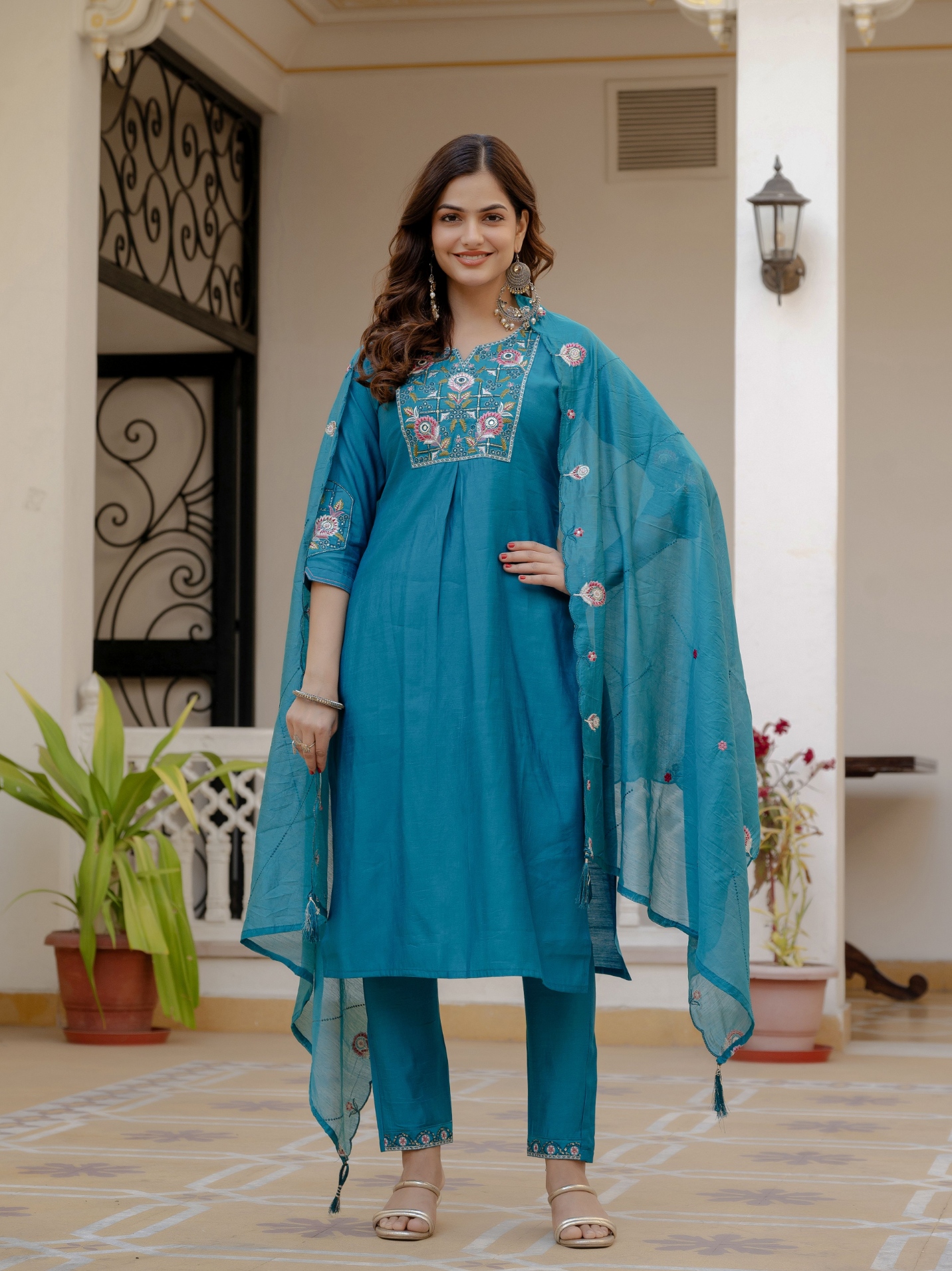Firozi Designer Embroidered Viscose Silk Anarkali Suit