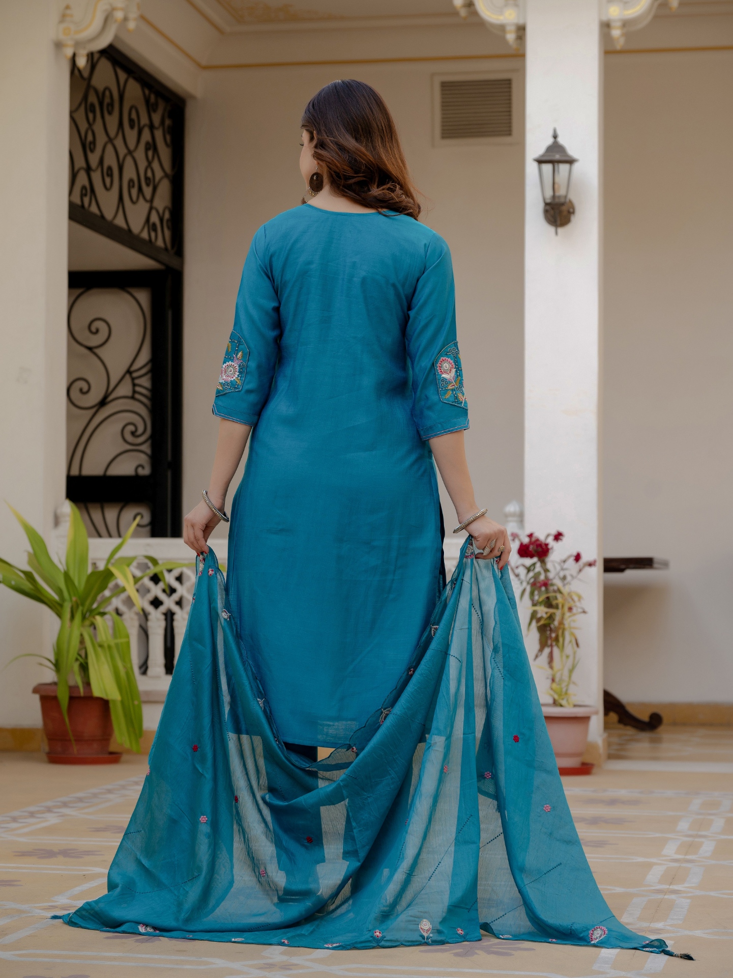 Firozi Designer Embroidered Viscose Silk Anarkali Suit — alternate view