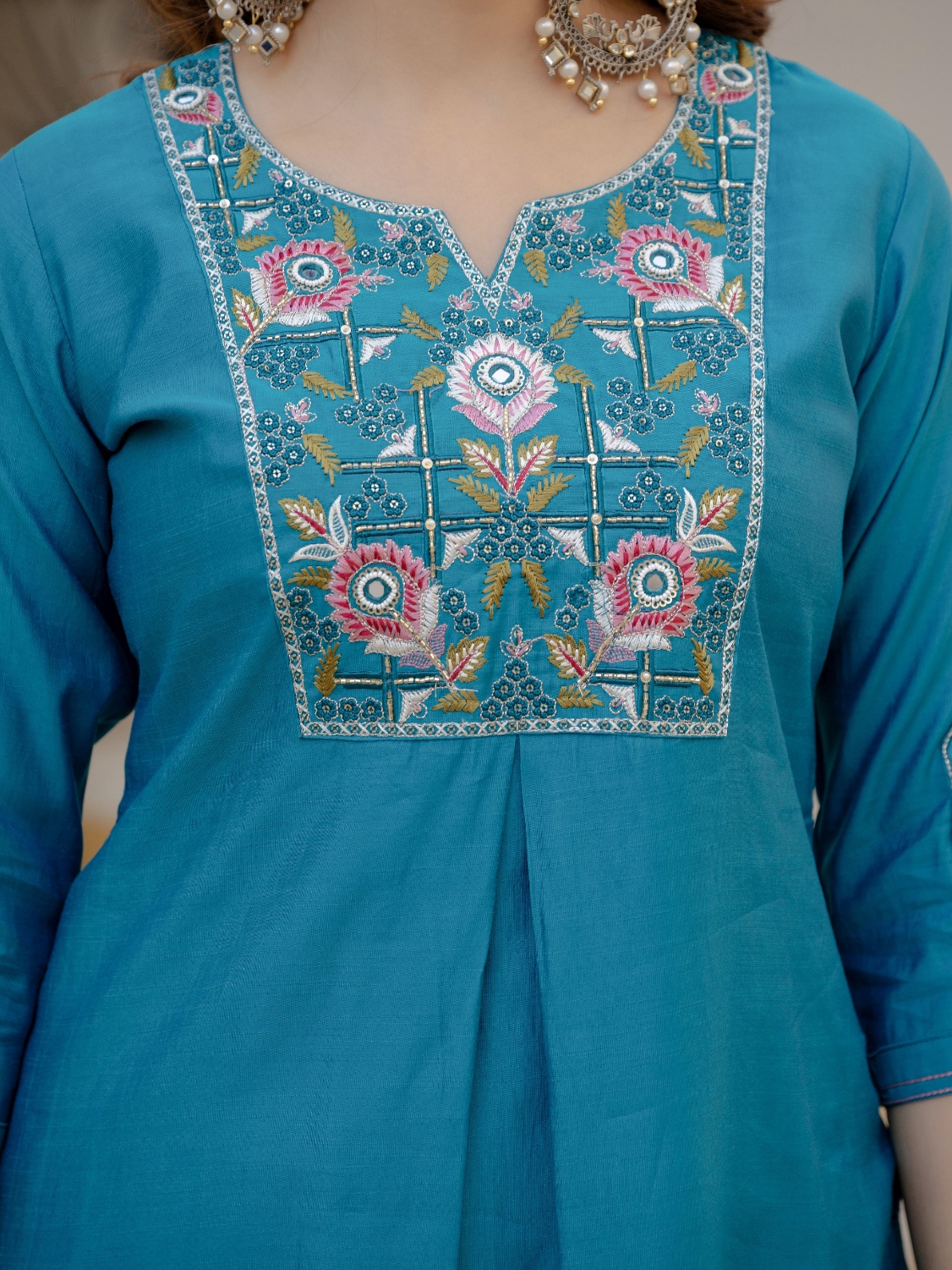 Firozi Designer Embroidered Viscose Silk Anarkali Suit