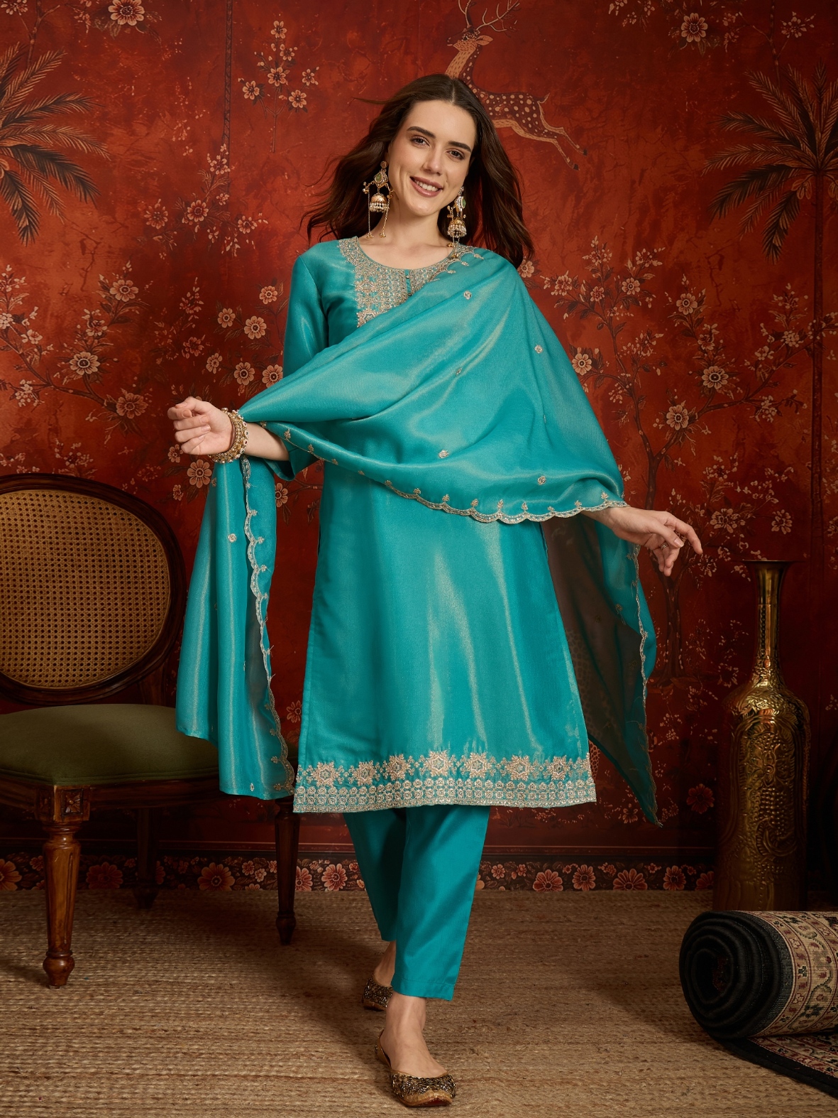 Firozi Designer Embroidery Silk Straight Suit