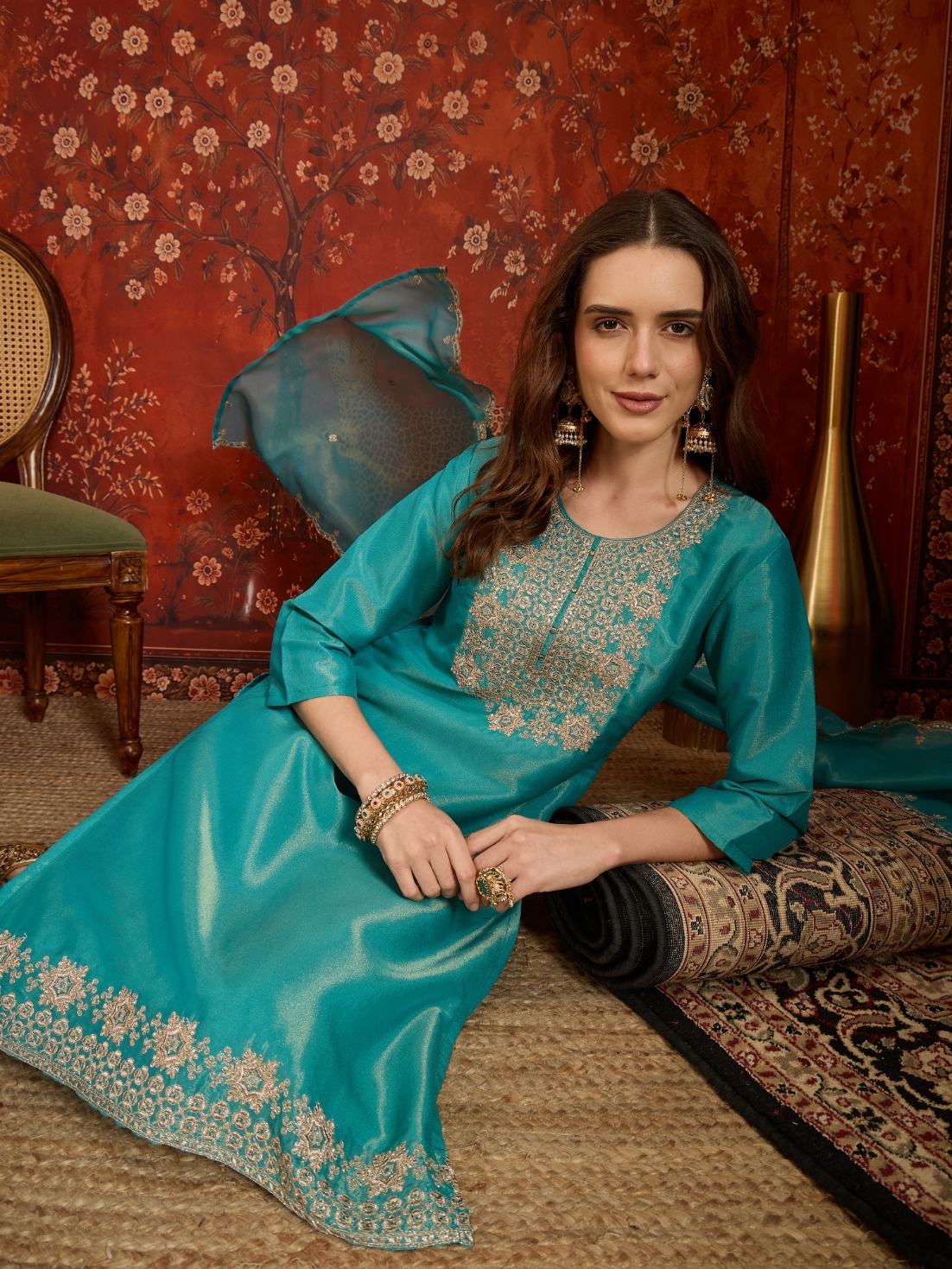 Firozi Designer Embroidery Silk Straight Suit