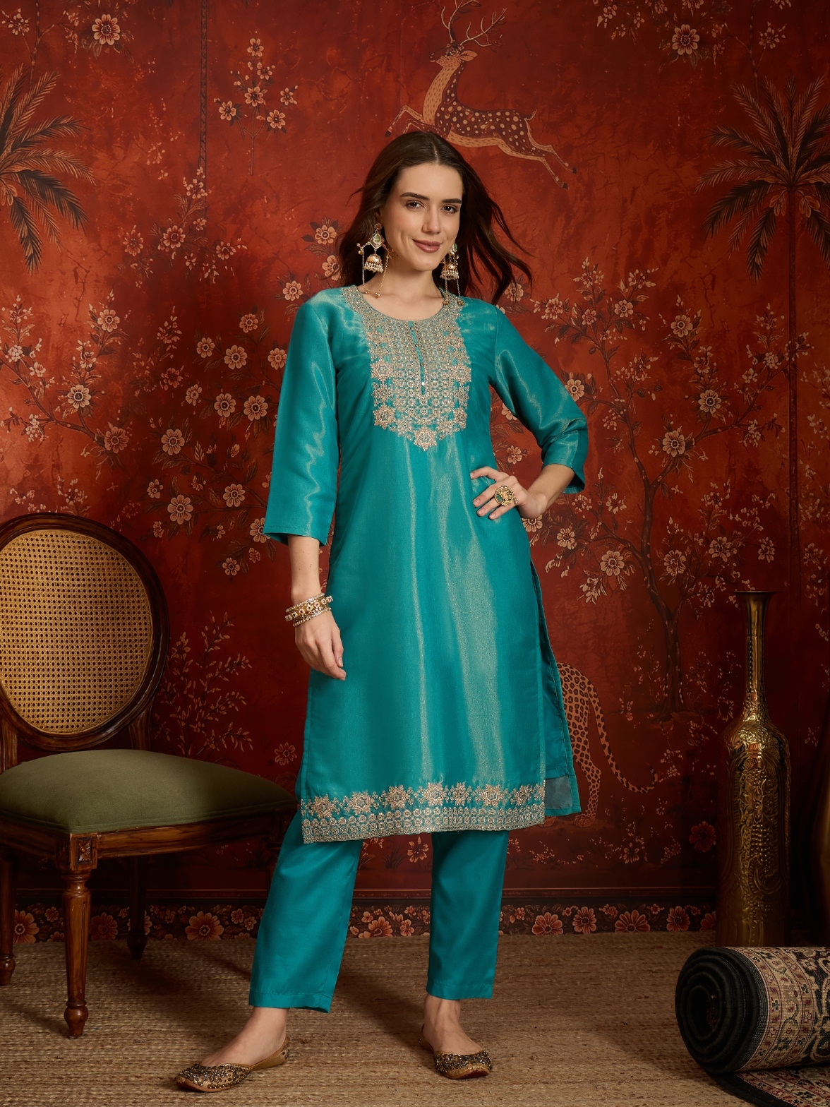 Firozi Designer Embroidery Silk Straight Suit