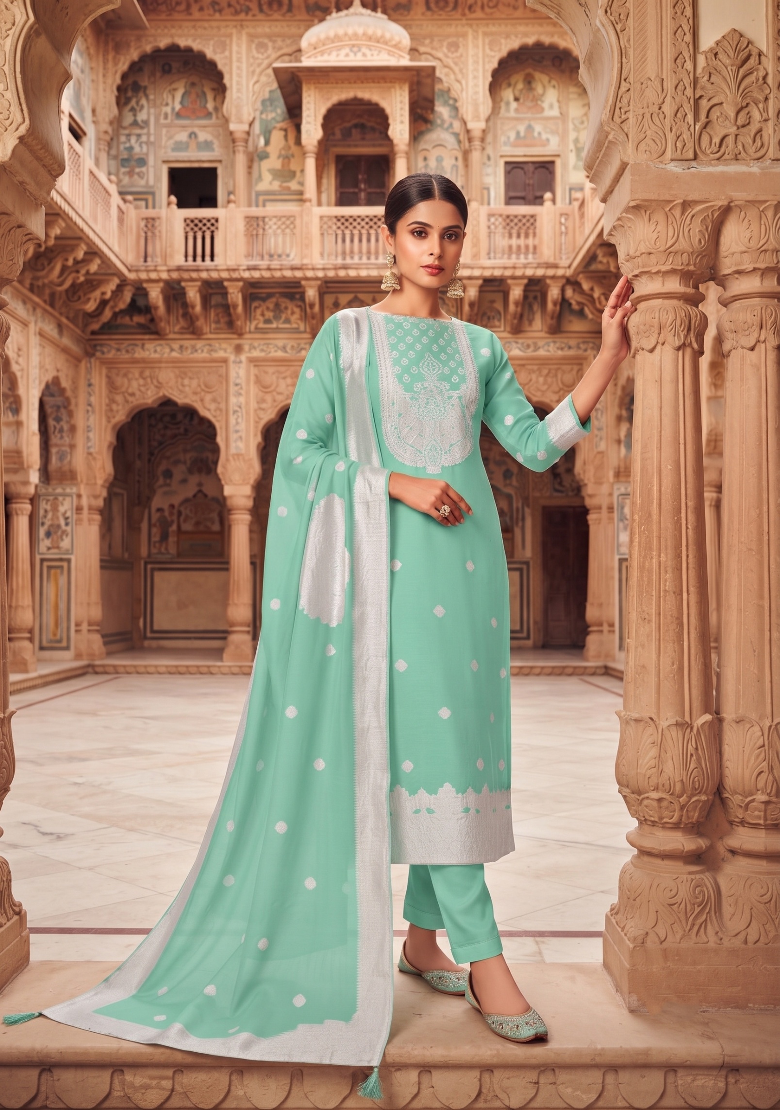 Firozi Diamond Embroidered Organza Straight Suit