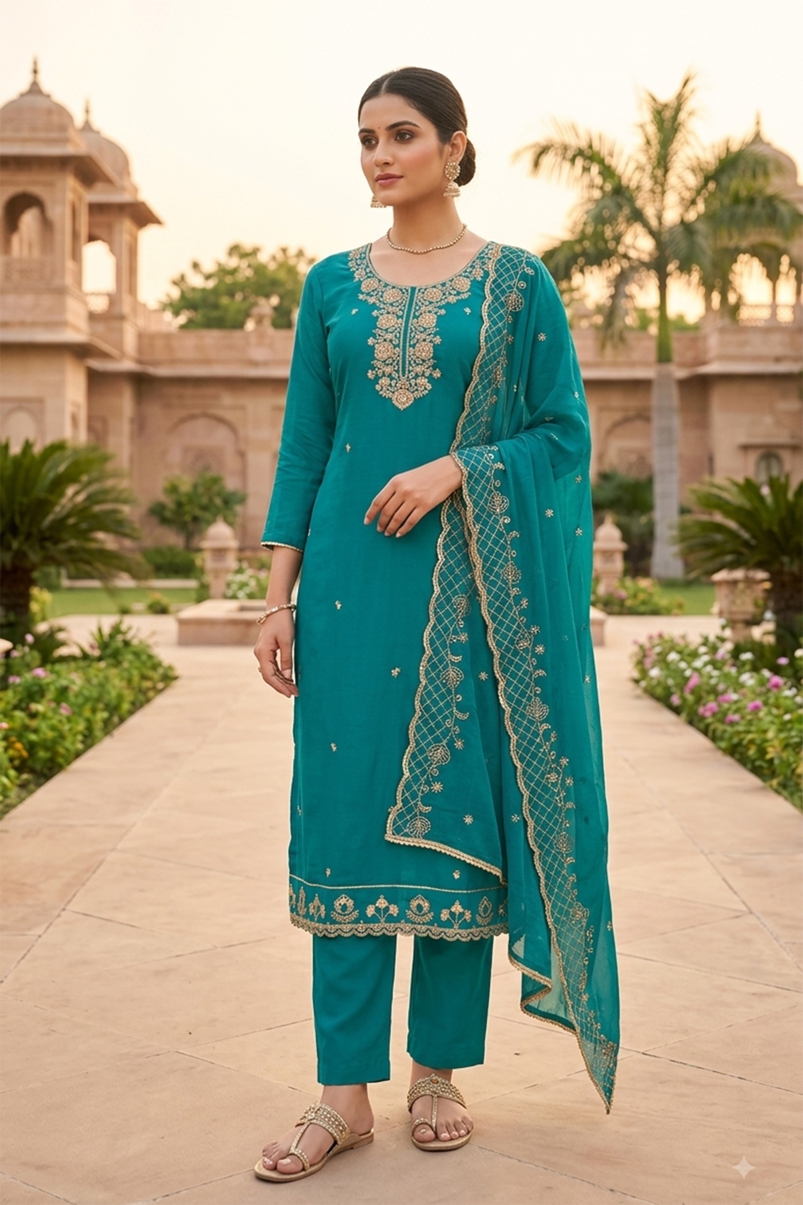 Firozi Embroidered Chanderi Straight Suit