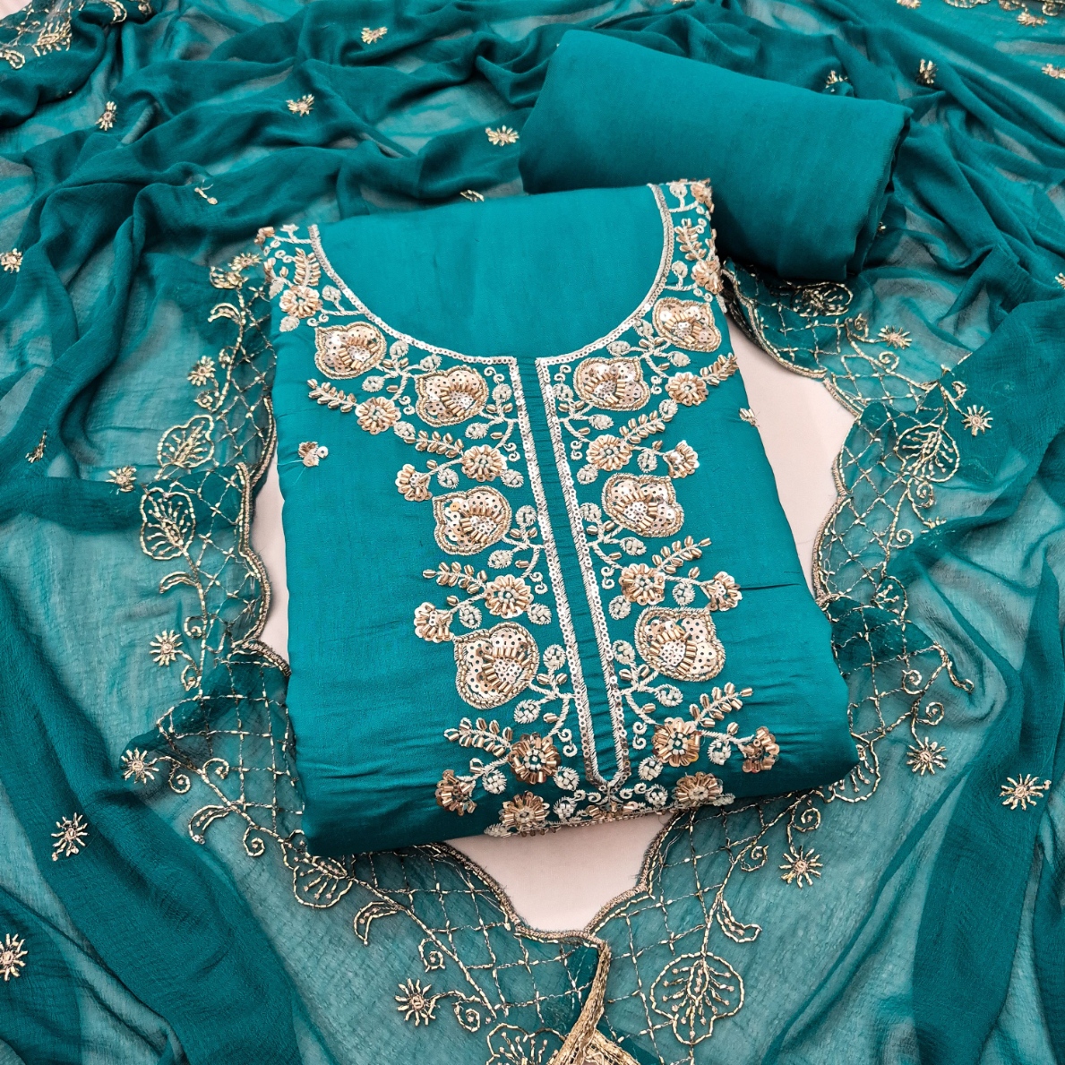 Firozi Embroidered Chanderi Straight Suit