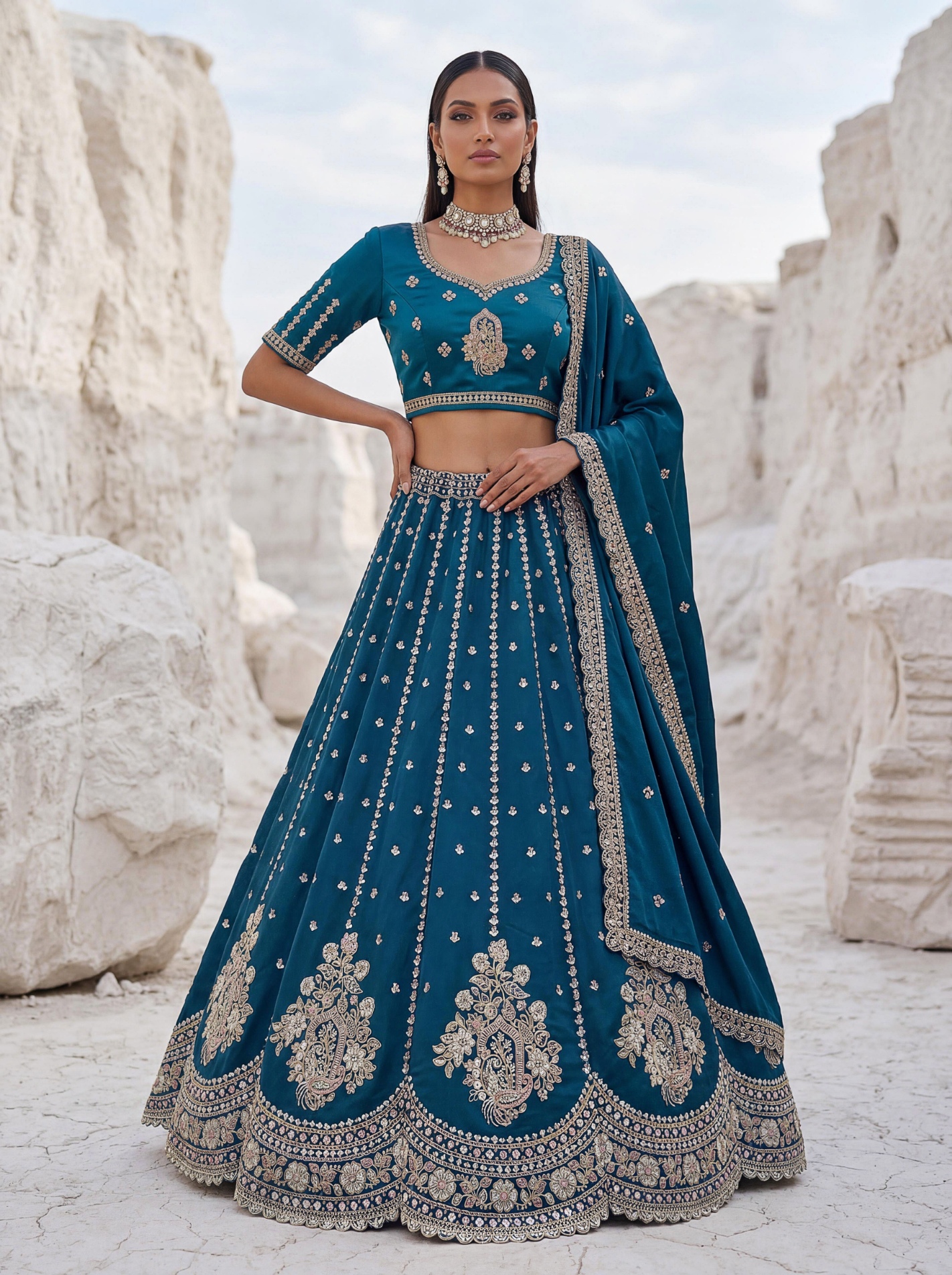 Firozi Embroidered Silk Wedding Lehenga