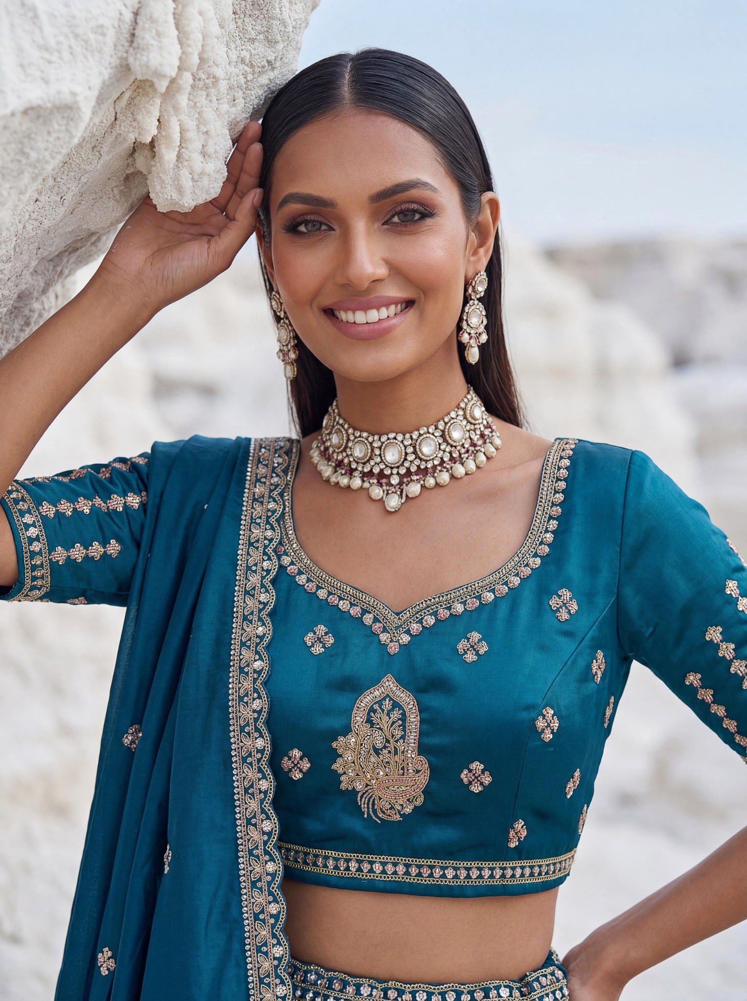 Firozi Embroidered Silk Wedding Lehenga