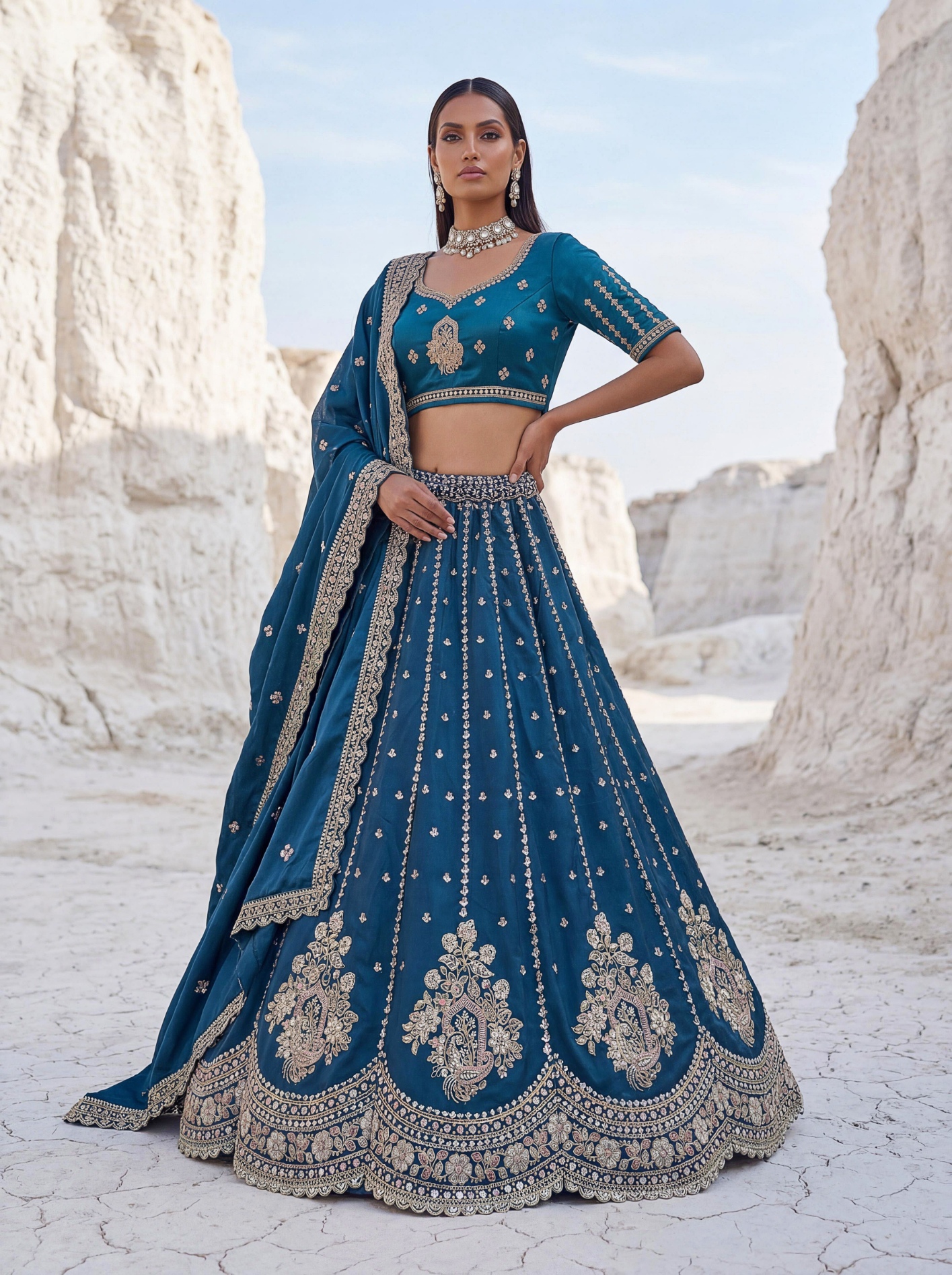 Firozi Embroidered Silk Wedding Lehenga