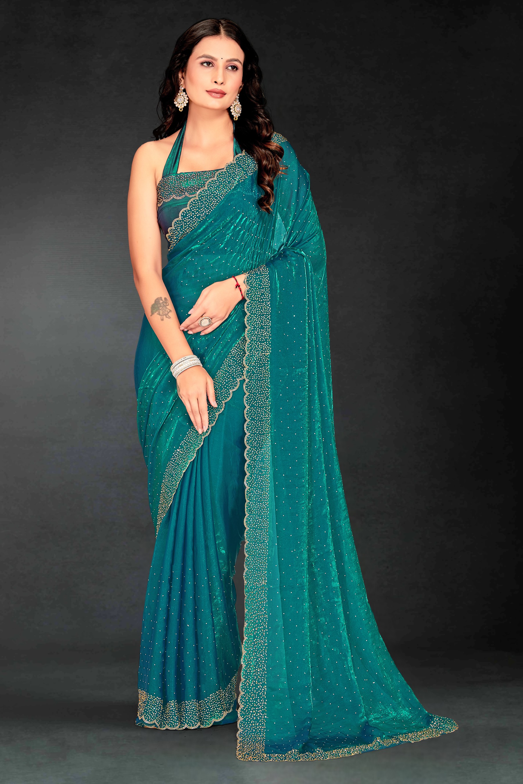 Firozi Fendy Silk Two Tone Embroidered Party Saree