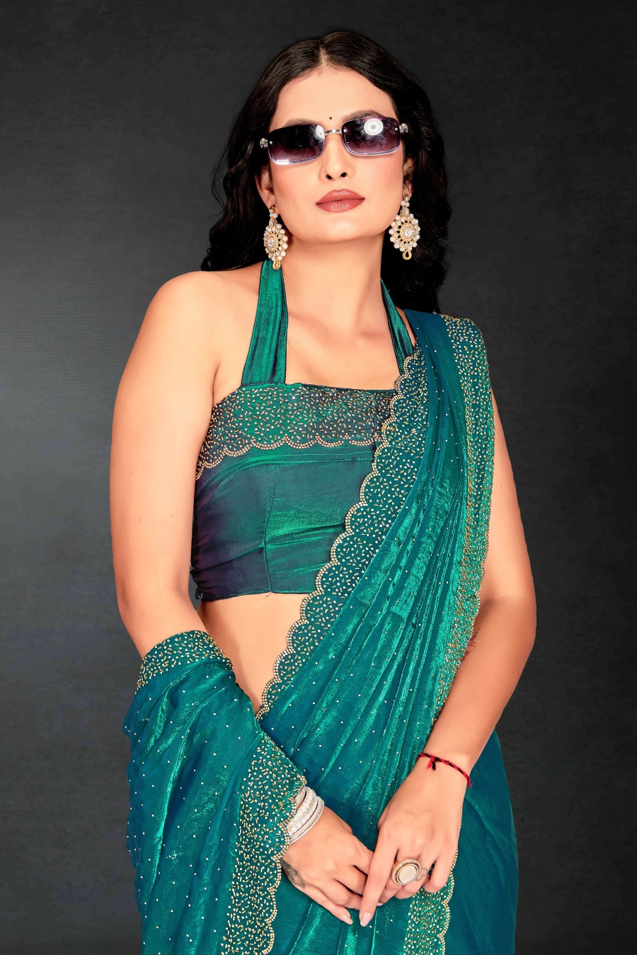 Firozi Fendy Silk Two Tone Embroidered Party Saree