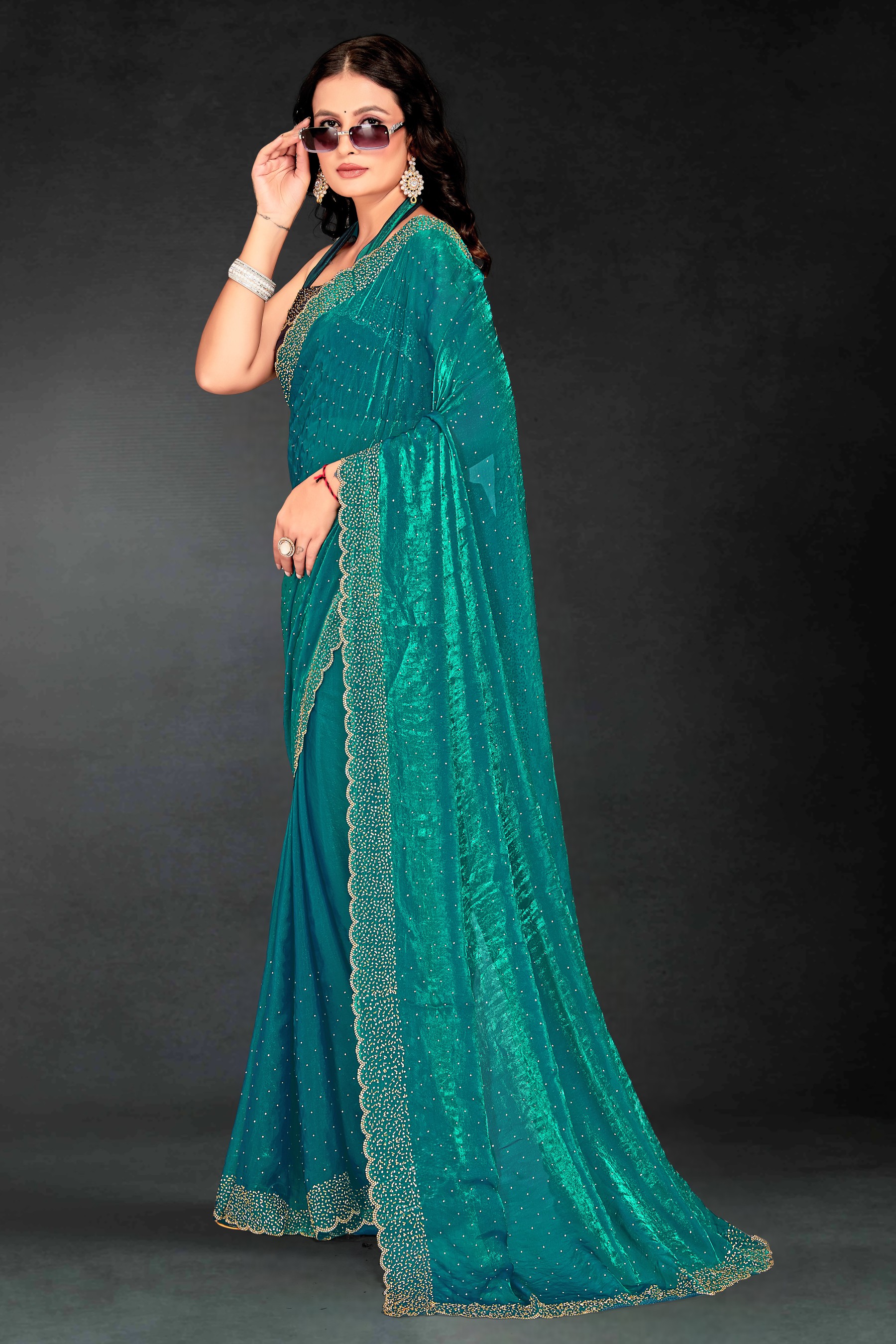 Firozi Fendy Silk Two Tone Embroidered Party Saree