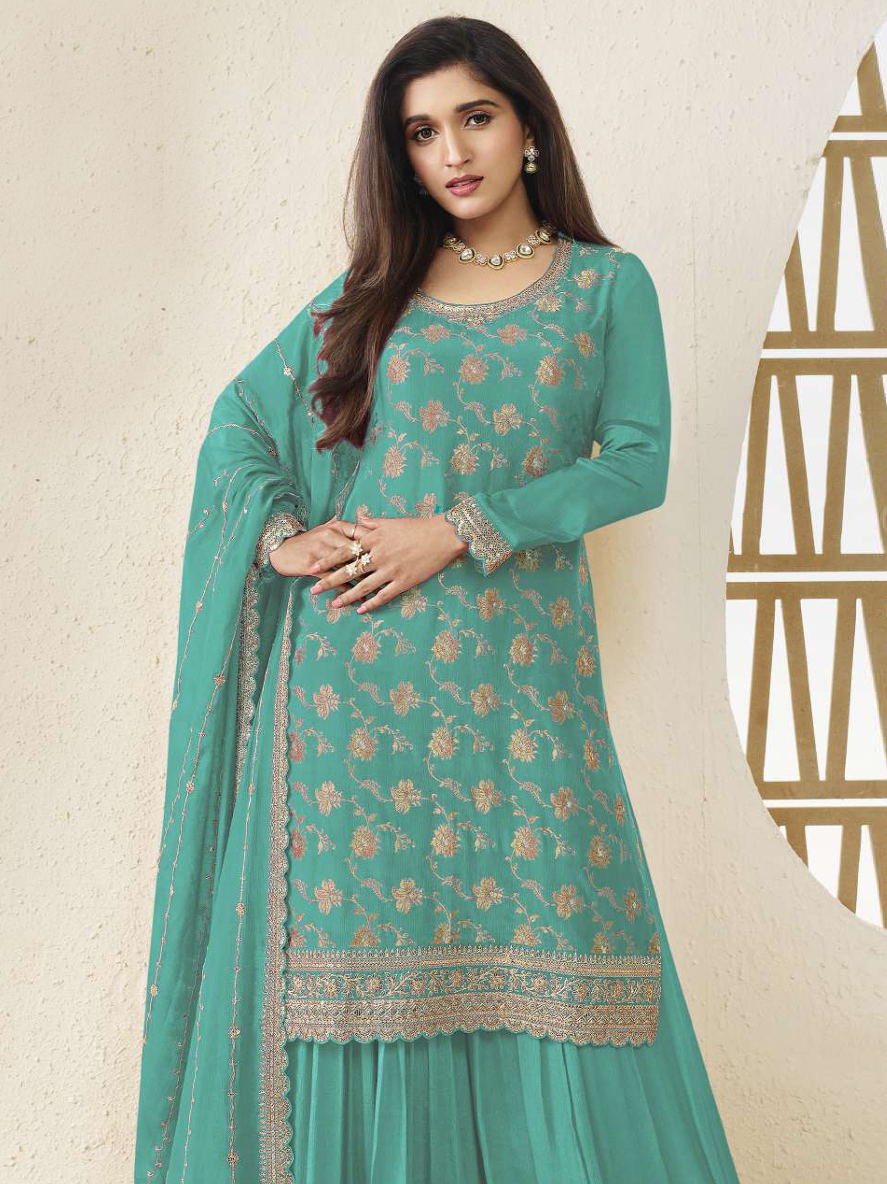 Firozi Floral Designer Embroidery Chinon Palazzo Suit — alternate view