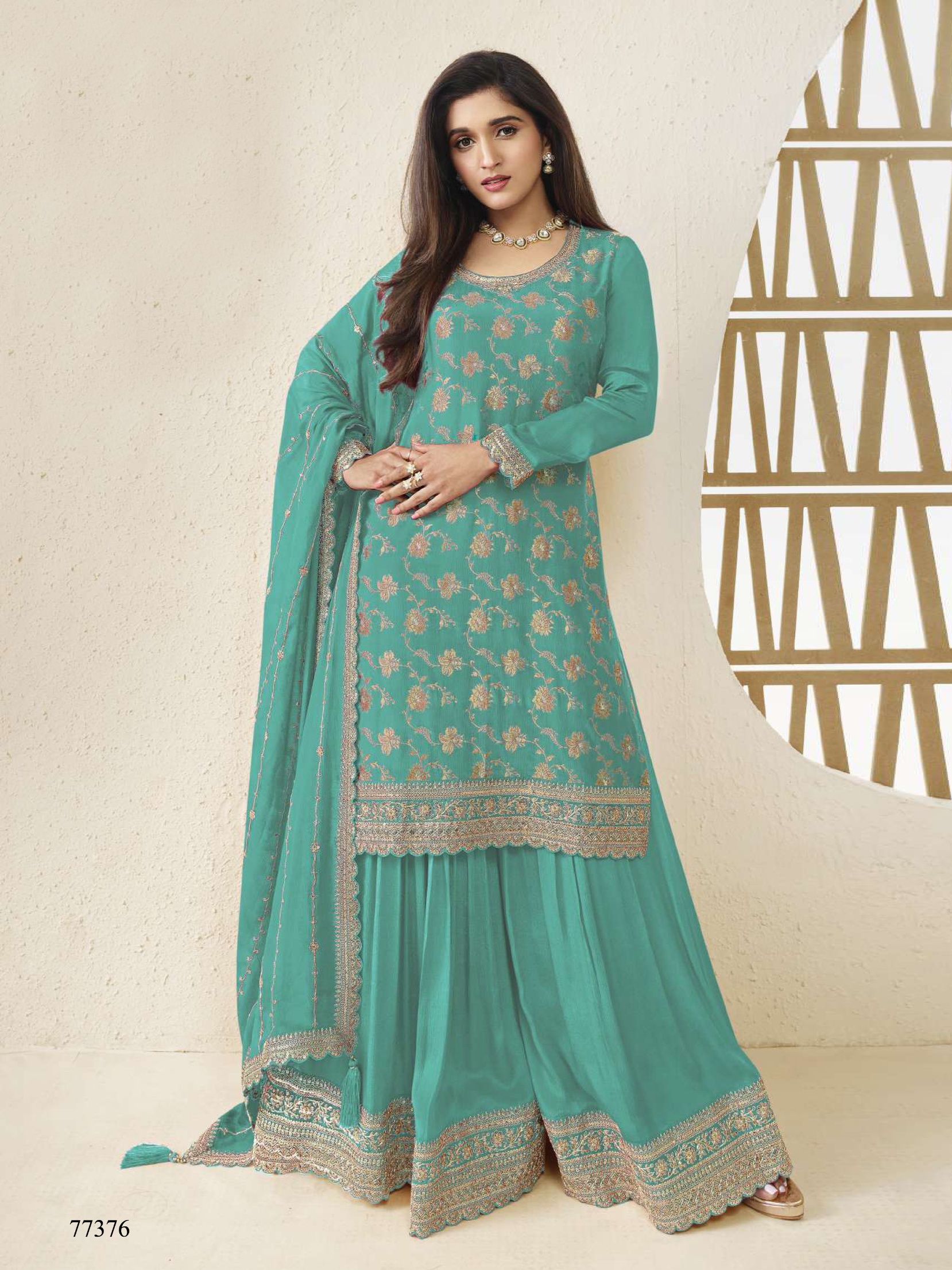Firozi Floral Designer Embroidery Chinon Palazzo Suit