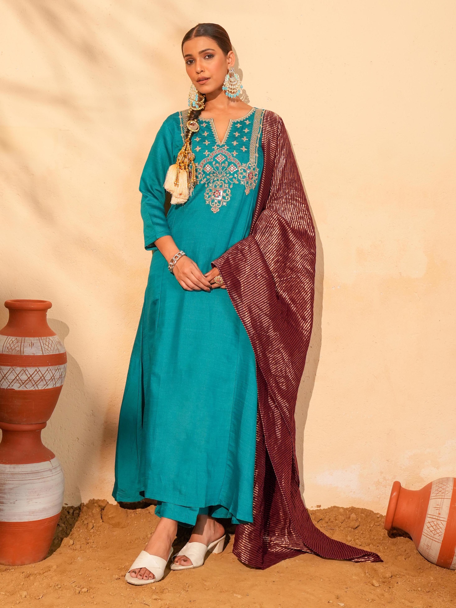 Firozi Floral Designer Embroidery Silk Slub Straight Suit