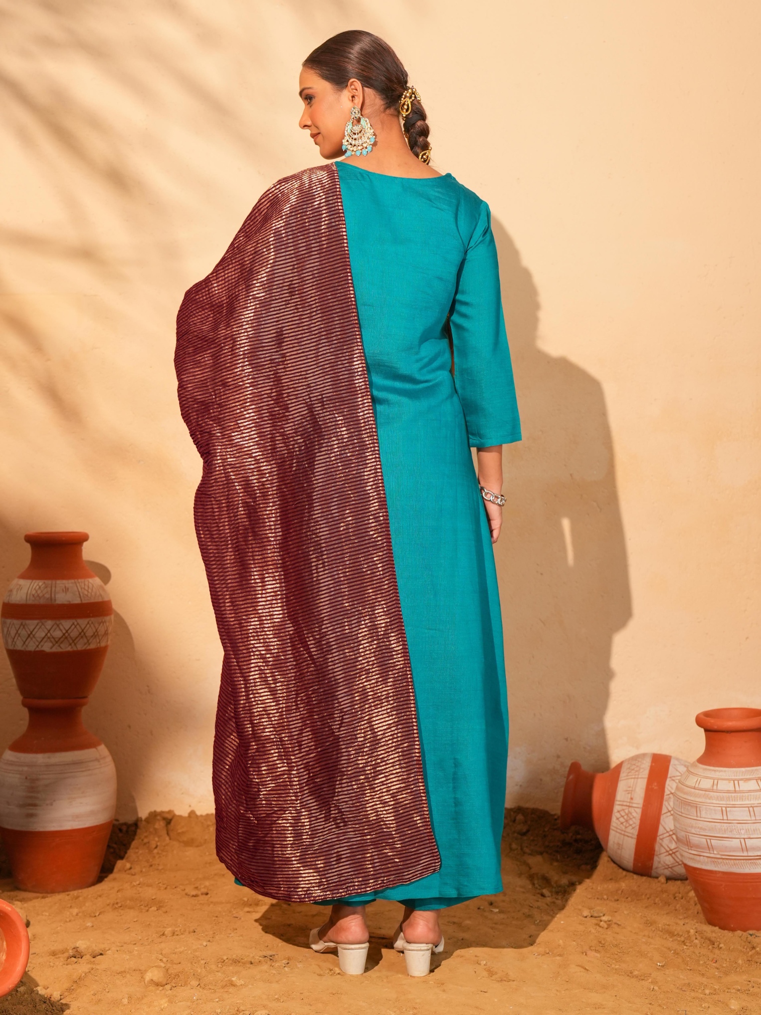 Firozi Floral Designer Embroidery Silk Slub Straight Suit — alternate view