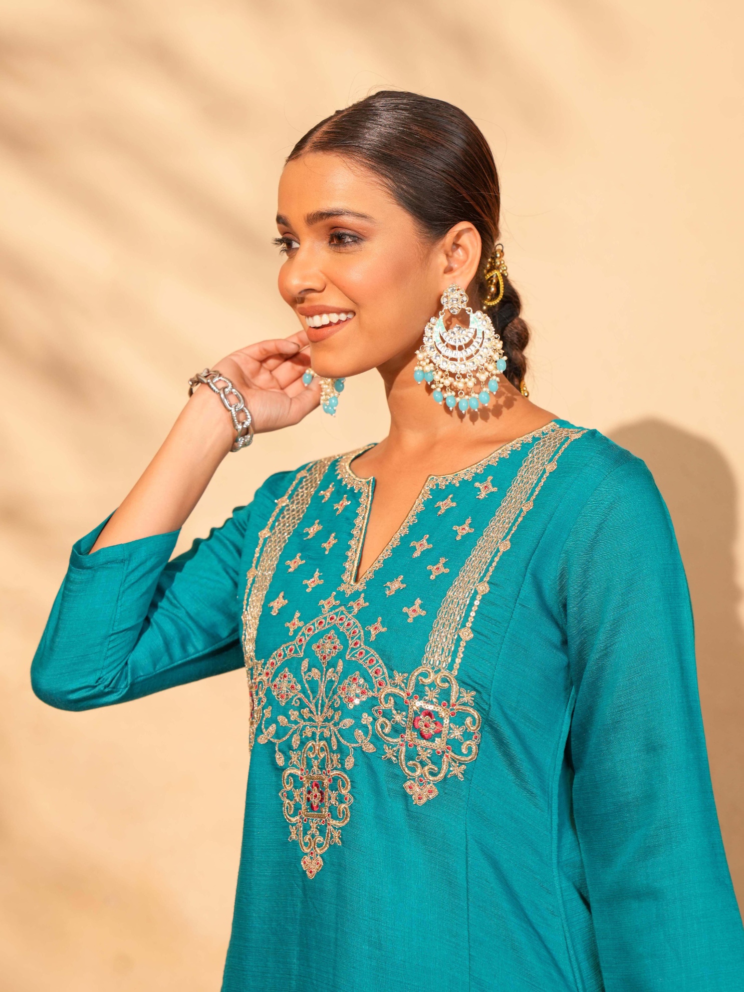 Firozi Floral Designer Embroidery Silk Slub Straight Suit