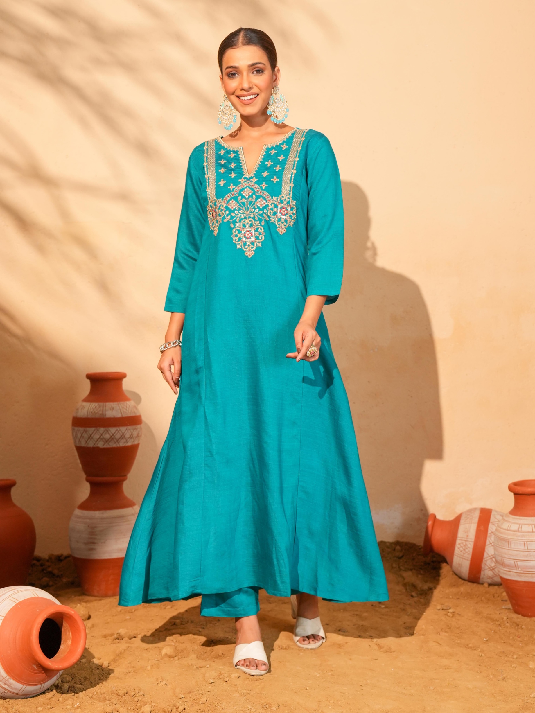 Firozi Floral Designer Embroidery Silk Slub Straight Suit