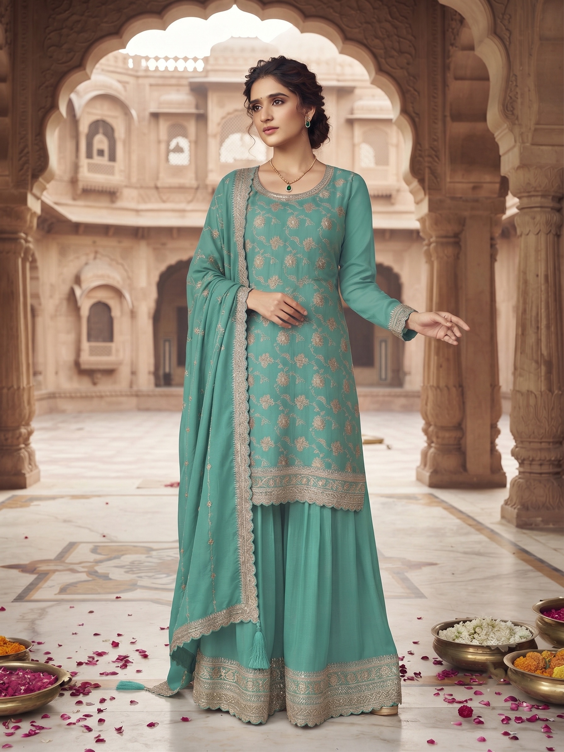 Firozi Floral Embroidered Chinon Palazzo Suit