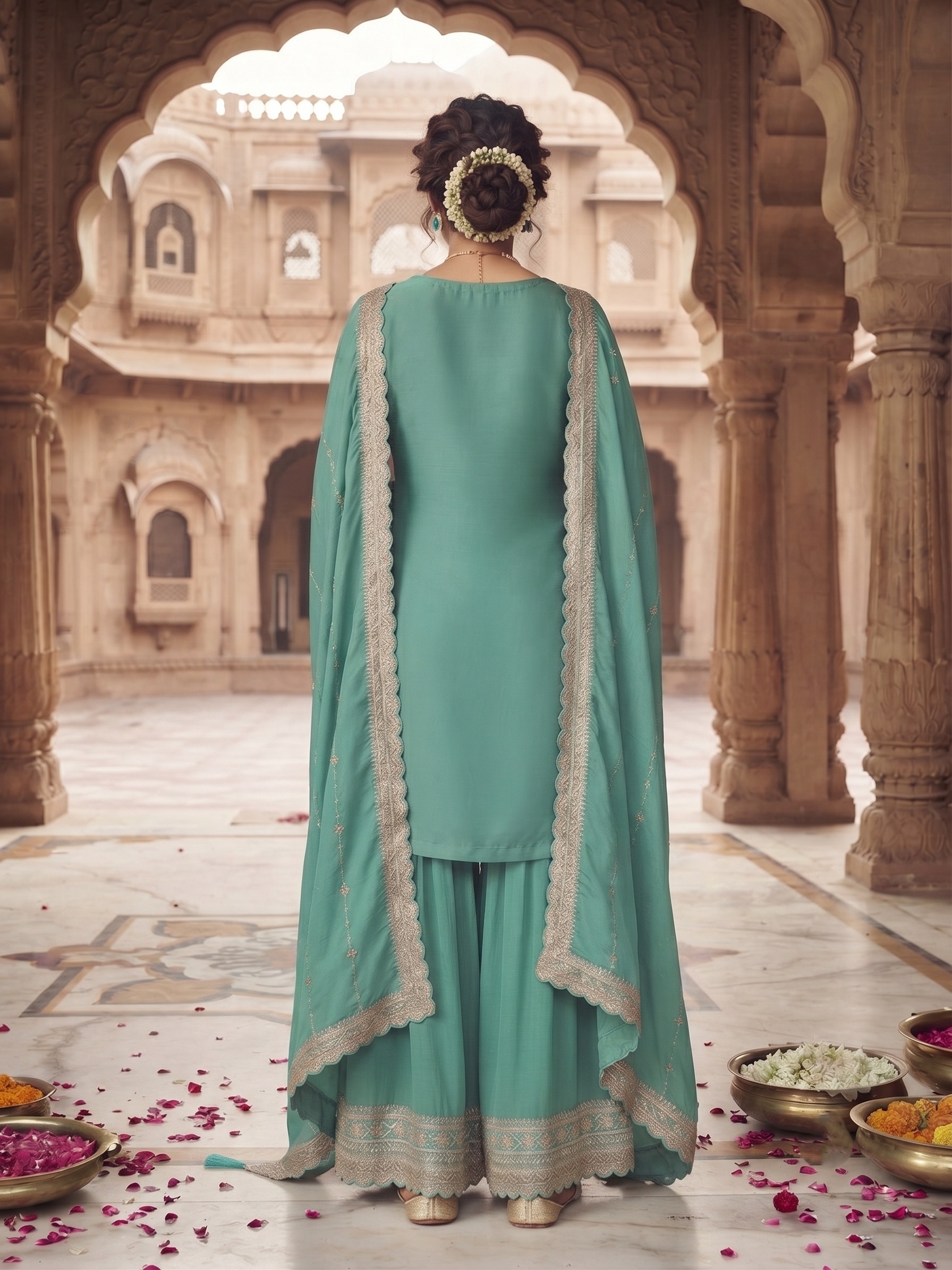 Firozi Floral Embroidered Chinon Palazzo Suit