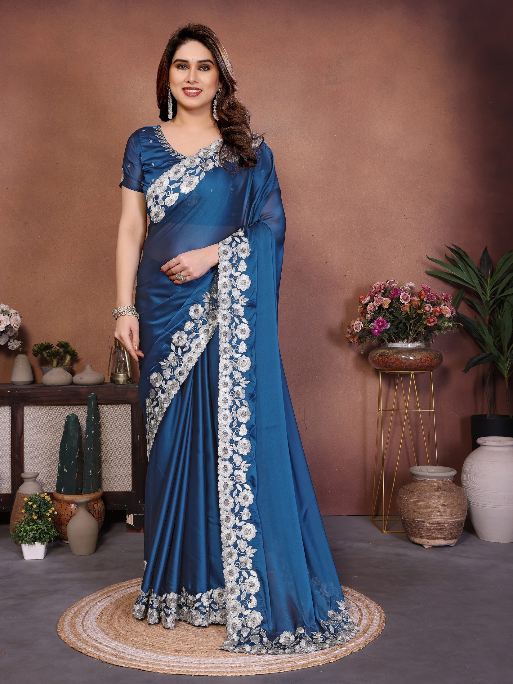 Firozi Floral Embroidered Rangoli Silk Party Saree