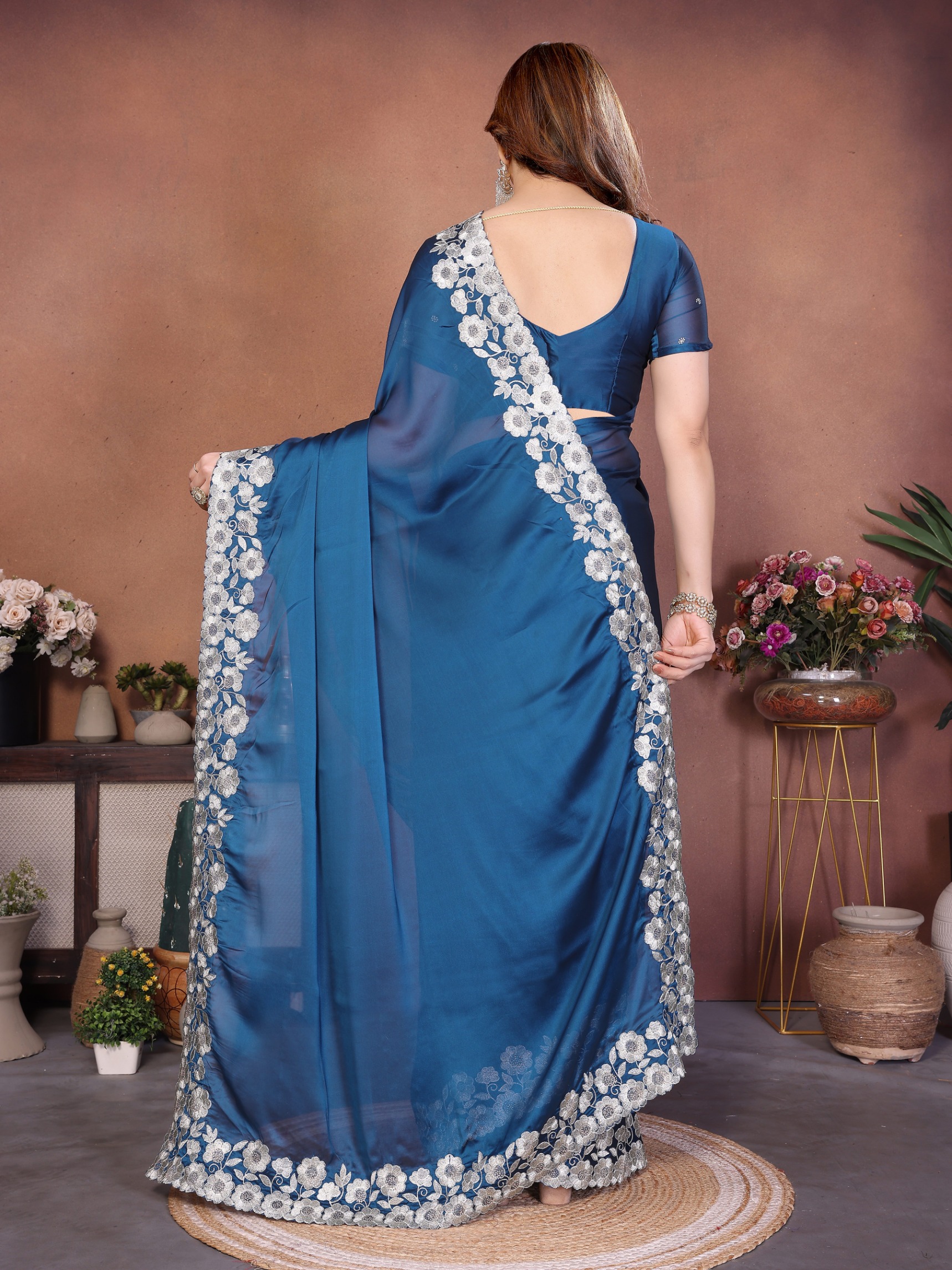 Firozi Floral Embroidered Rangoli Silk Party Saree — alternate view