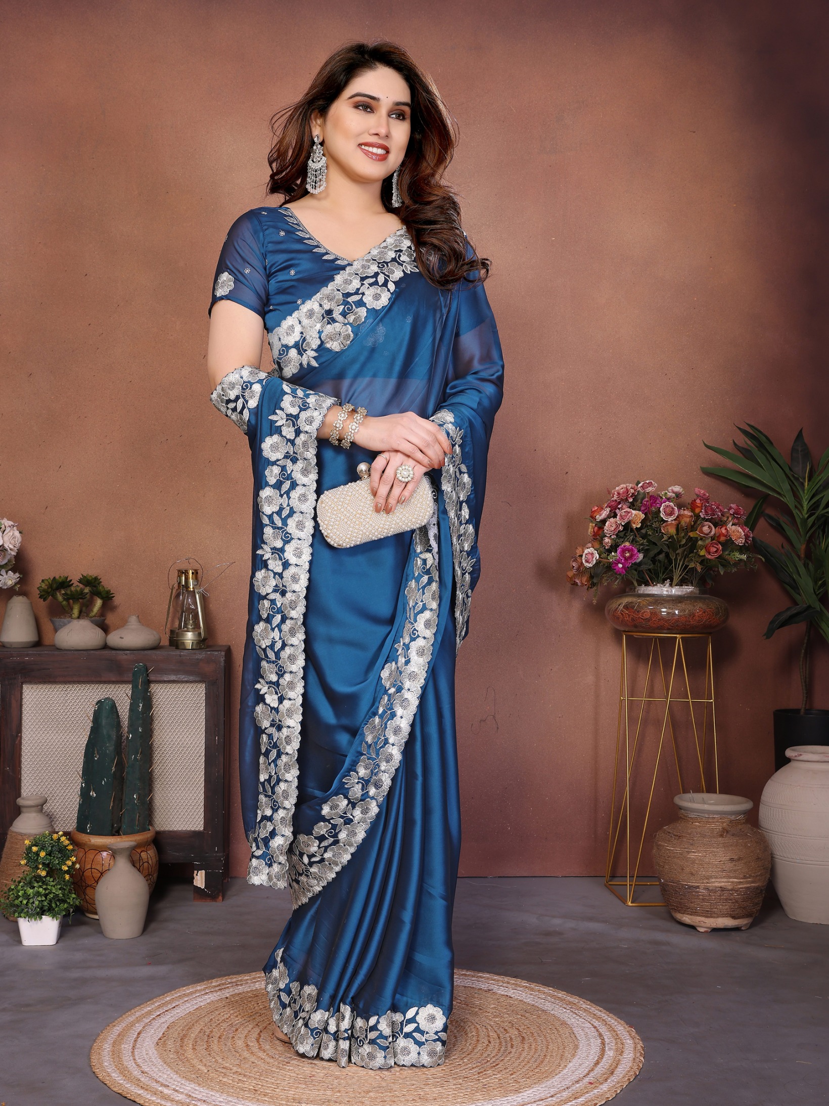 Firozi Floral Embroidered Rangoli Silk Party Saree