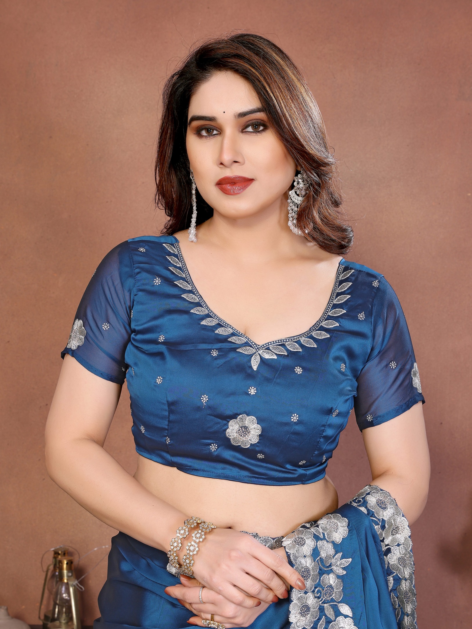 Firozi Floral Embroidered Rangoli Silk Party Saree