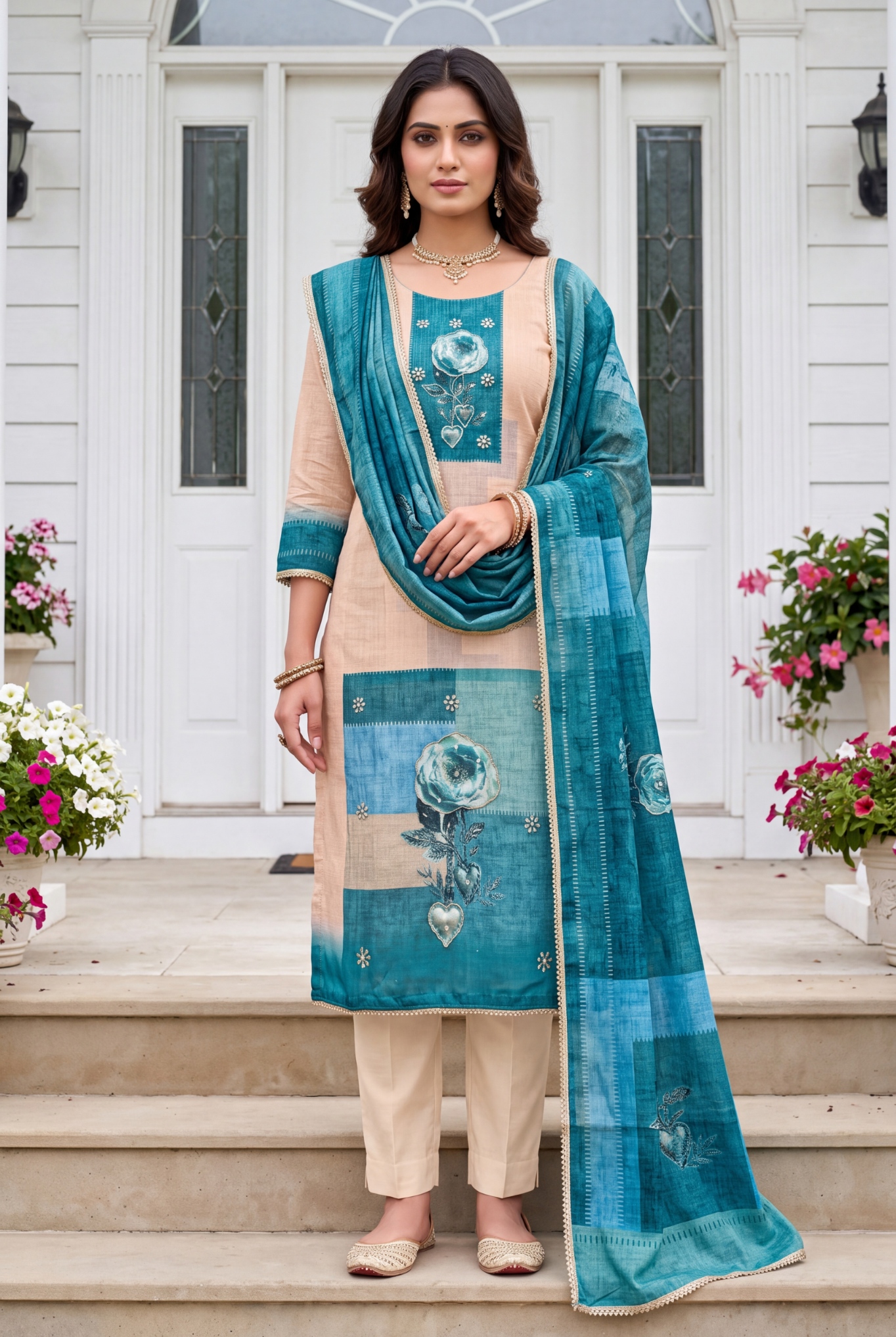 Firozi Floral Hand Work Modal Cotton Salwar Suit