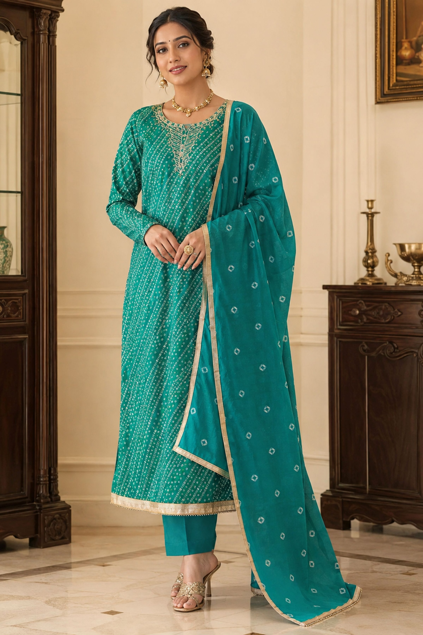 Firozi Floral Handwork Jam Cotton Straight Suit