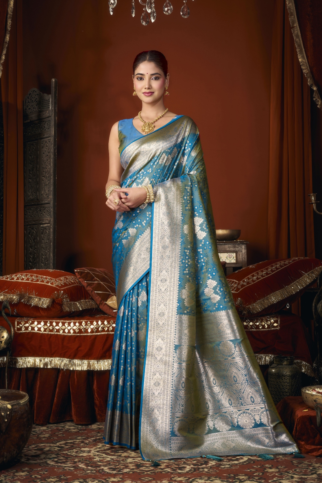 Firozi Floral Jacquard Soft Silk Saree