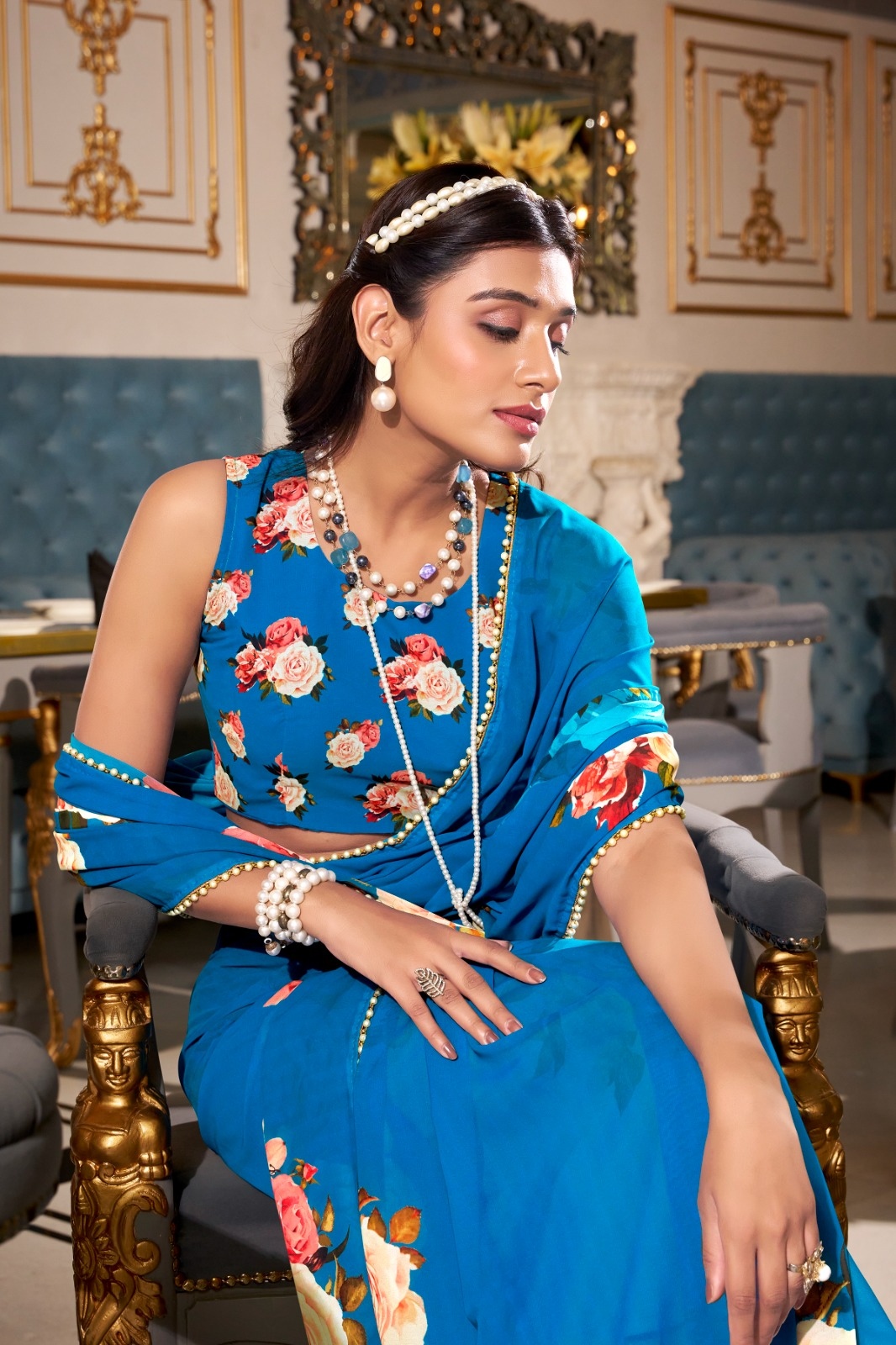 Firozi Floral Printed Georgette Saree
