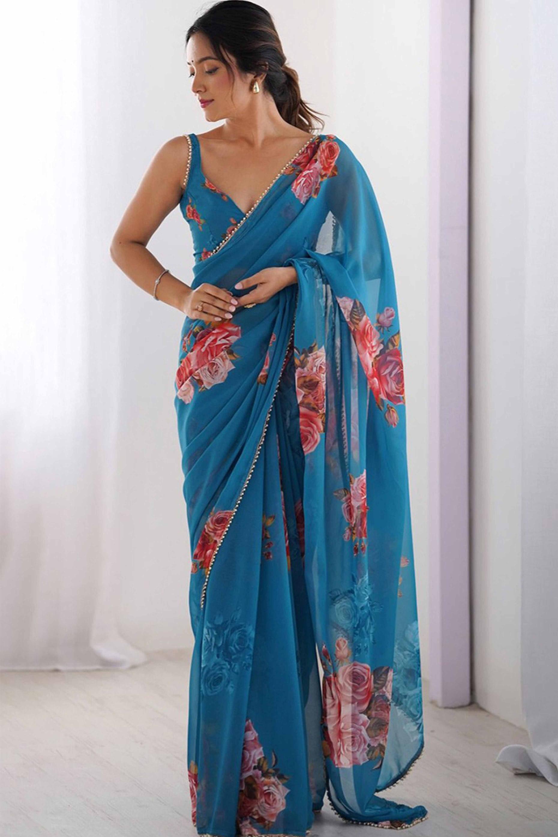 Firozi Floral Printed Moti Lace Work Georgette Saree