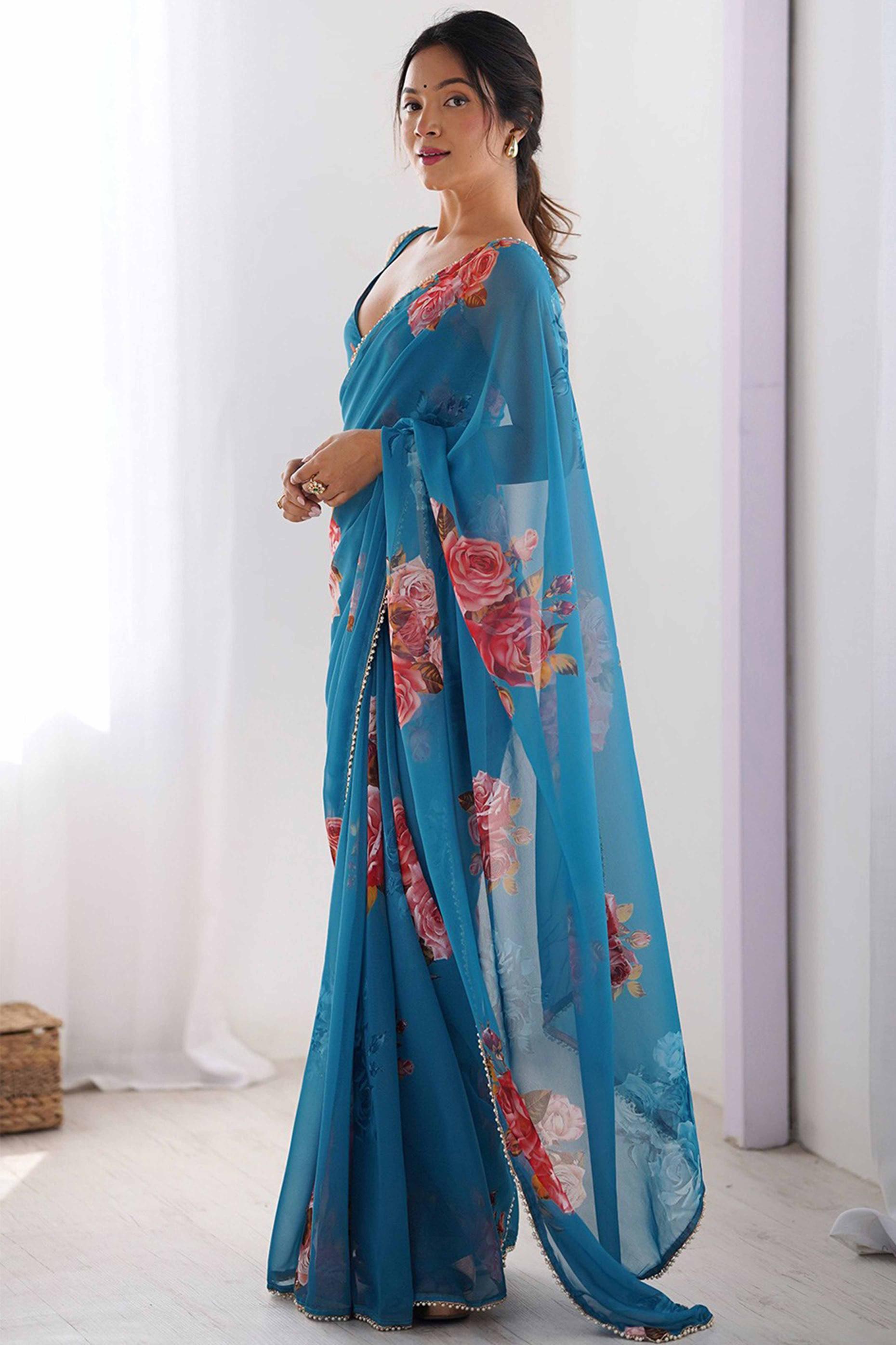 Firozi Floral Printed Moti Lace Work Georgette Saree — alternate view
