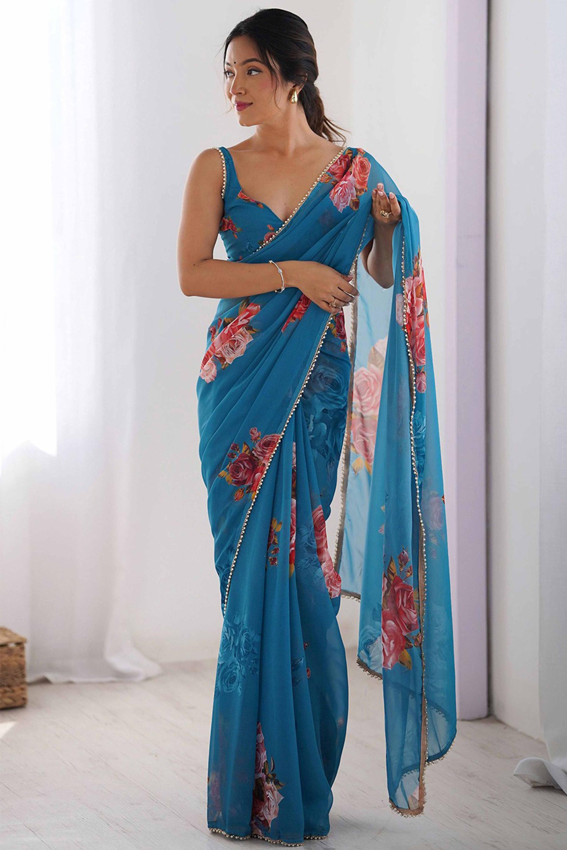 Firozi Floral Printed Moti Lace Work Georgette Saree