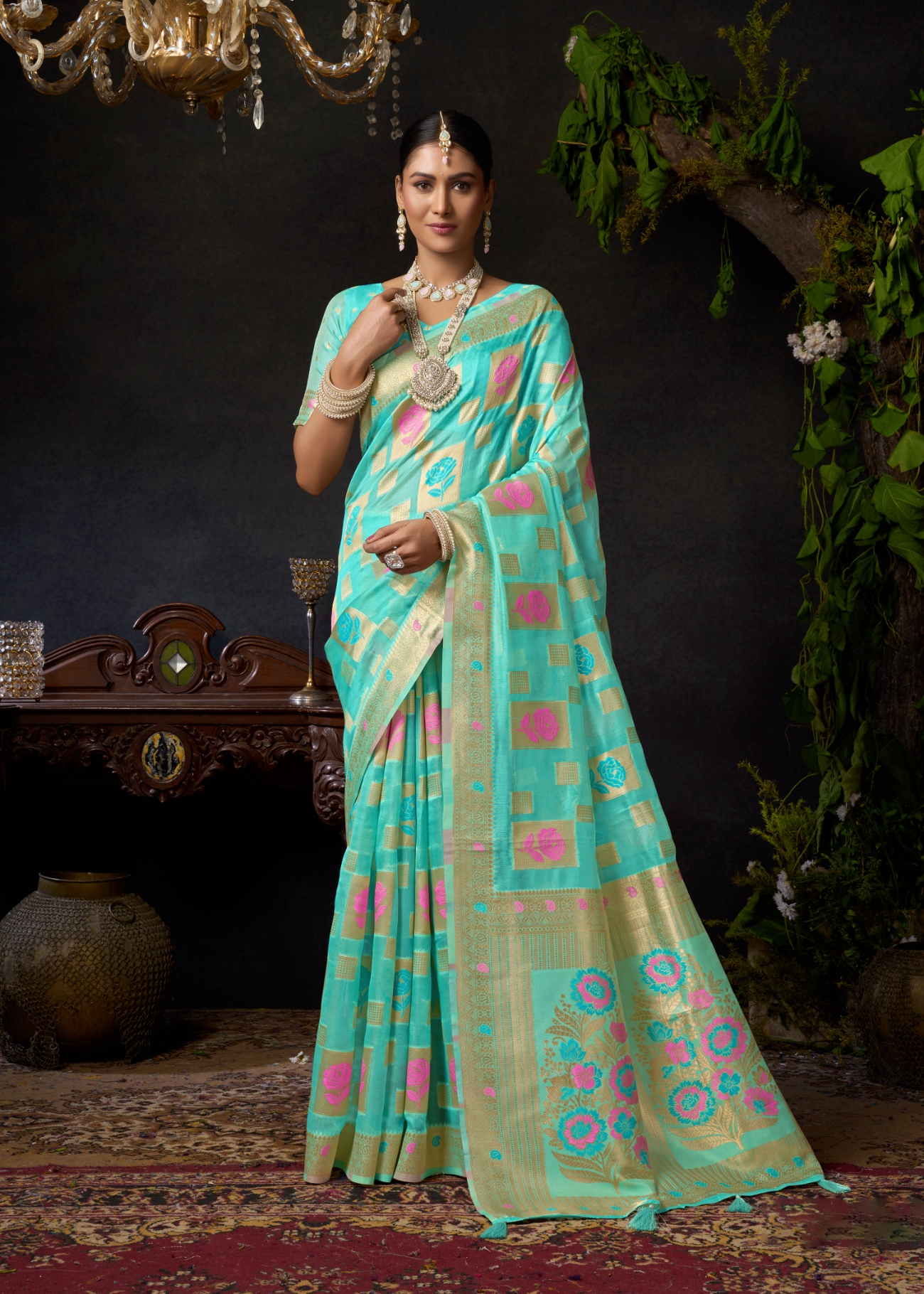 Firozi Floral Woven Designer Organza Khadi Saree