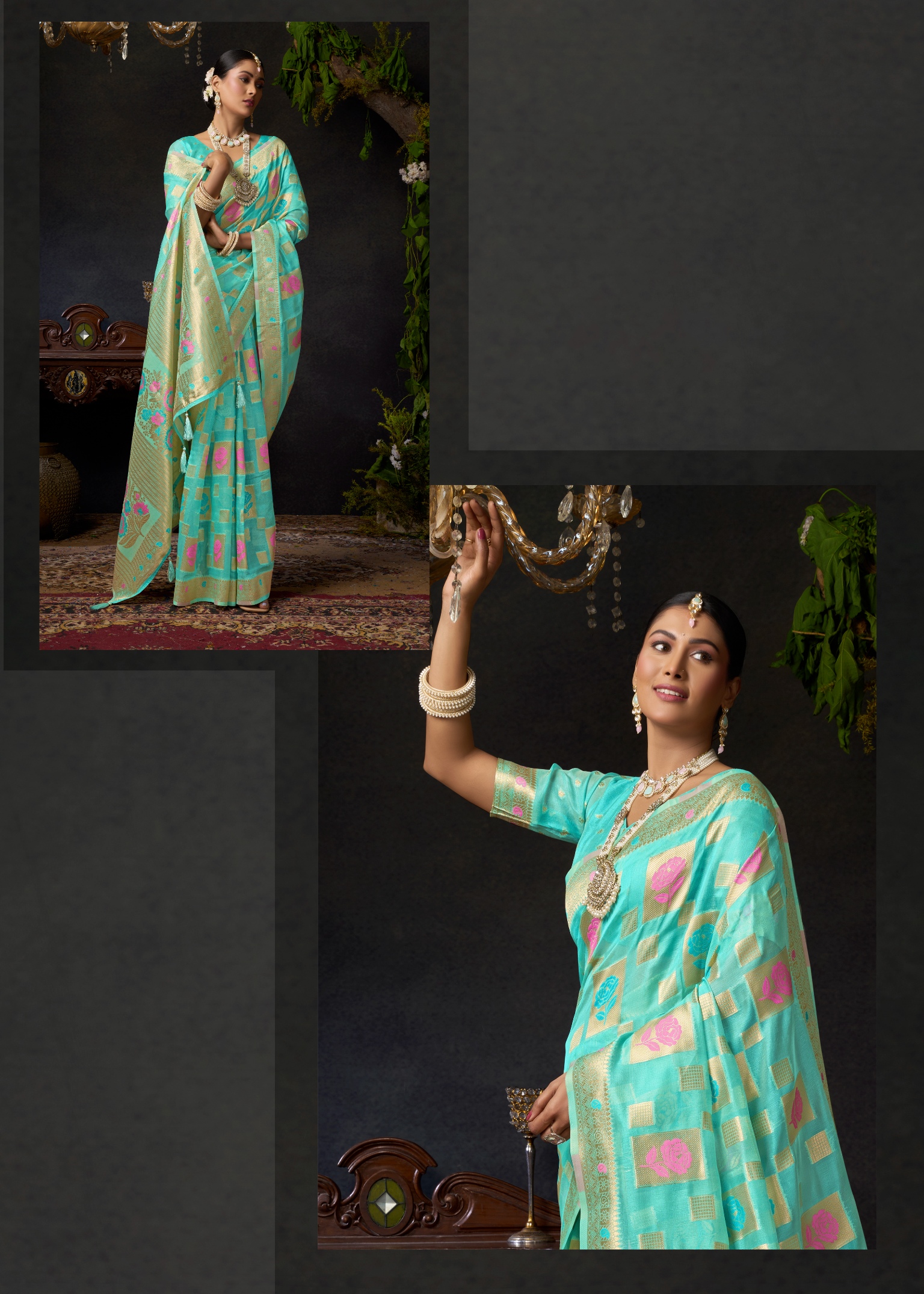 Firozi Floral Woven Designer Organza Khadi Saree