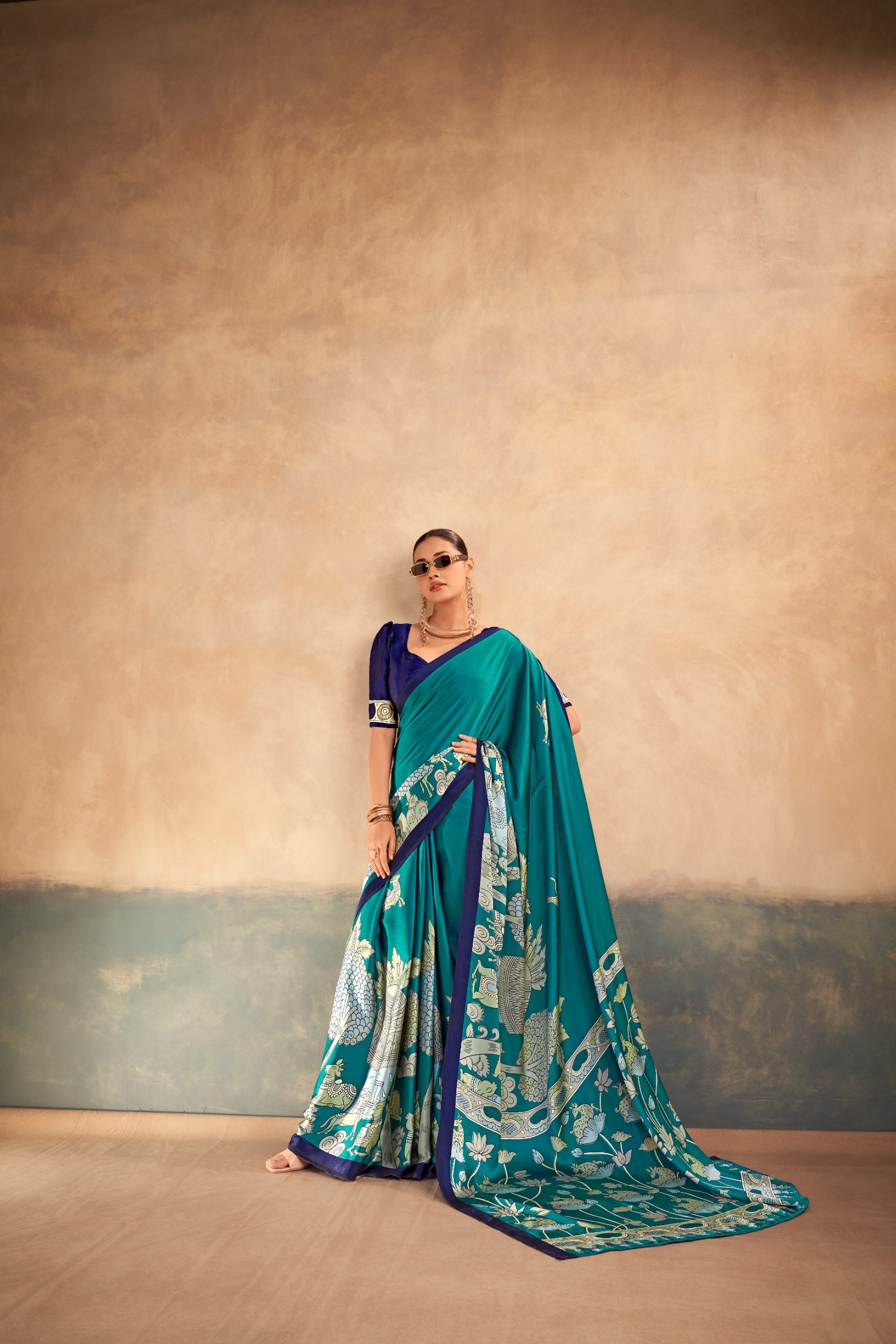Firozi Kalamkari Satin Silk Saree