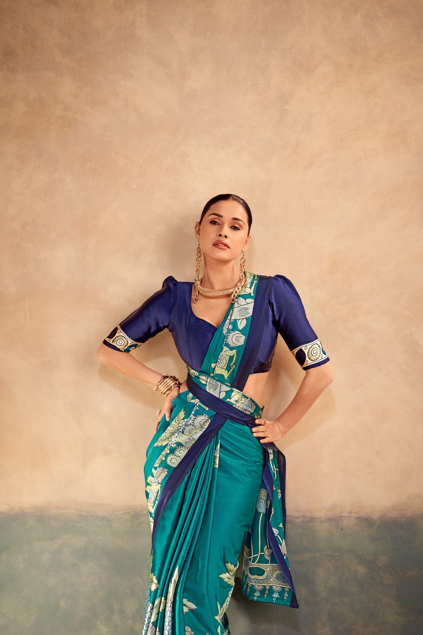 Firozi Kalamkari Satin Silk Saree — alternate view