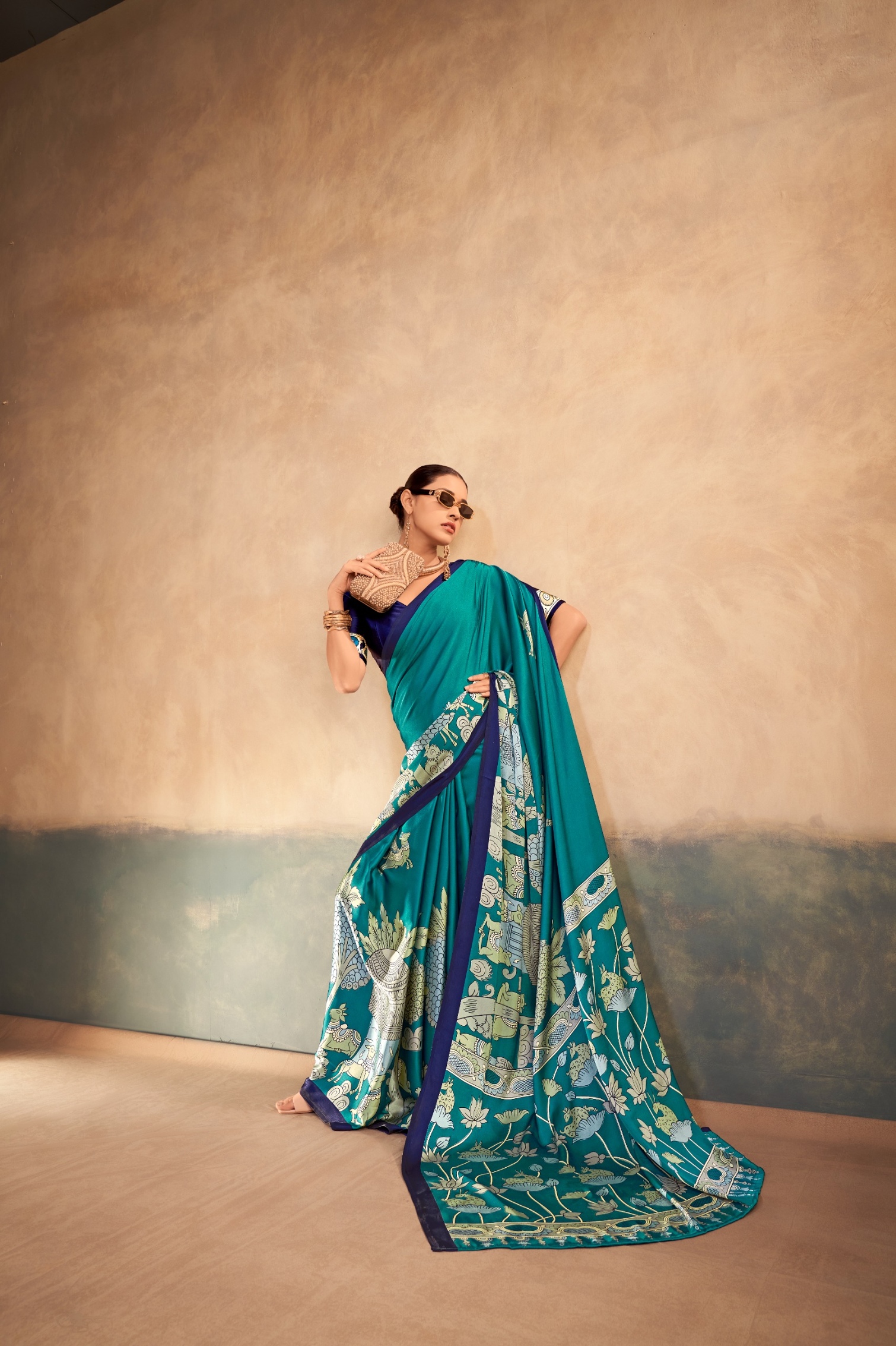 Firozi Kalamkari Satin Silk Saree