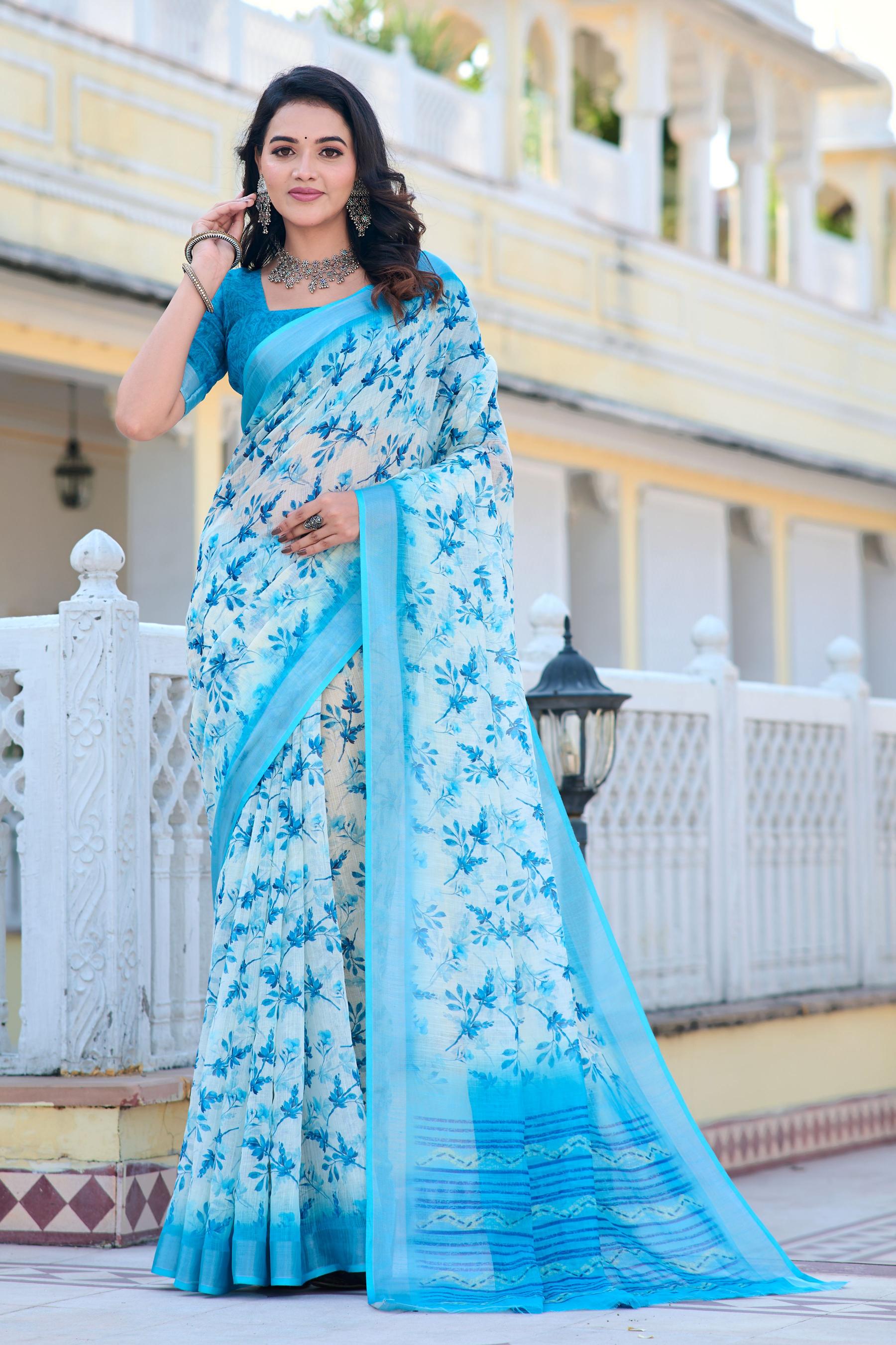 Firozi Linen Cotton Saree
